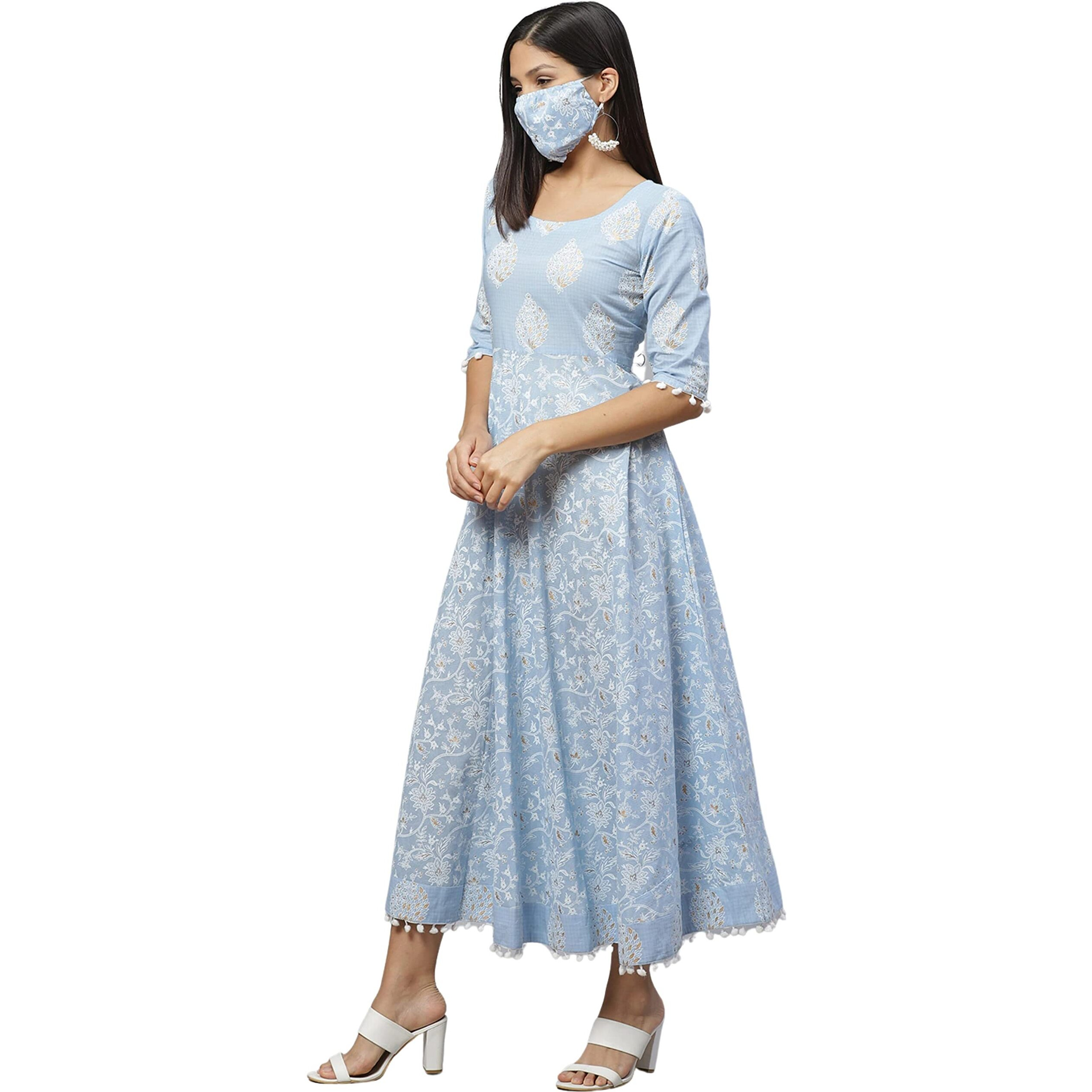 Rytras Women's Pure Cotton Printed Anarkali Kurta- Ethnic Wear, Blue(Ryt262,M)