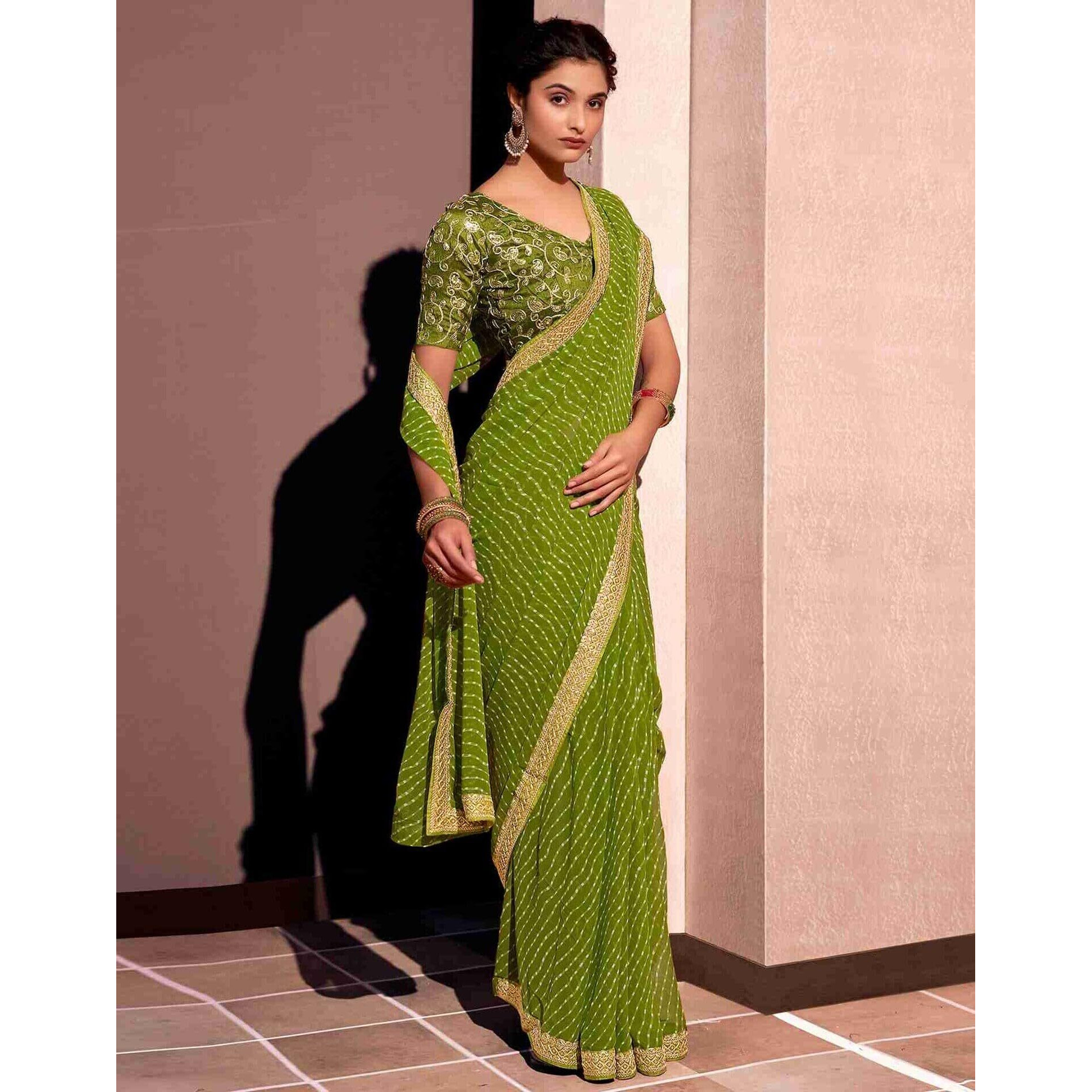Shiv Textiles Women's Georgette Leheriya & Lace Border Saree(Sat-532S-Mehendi Green)