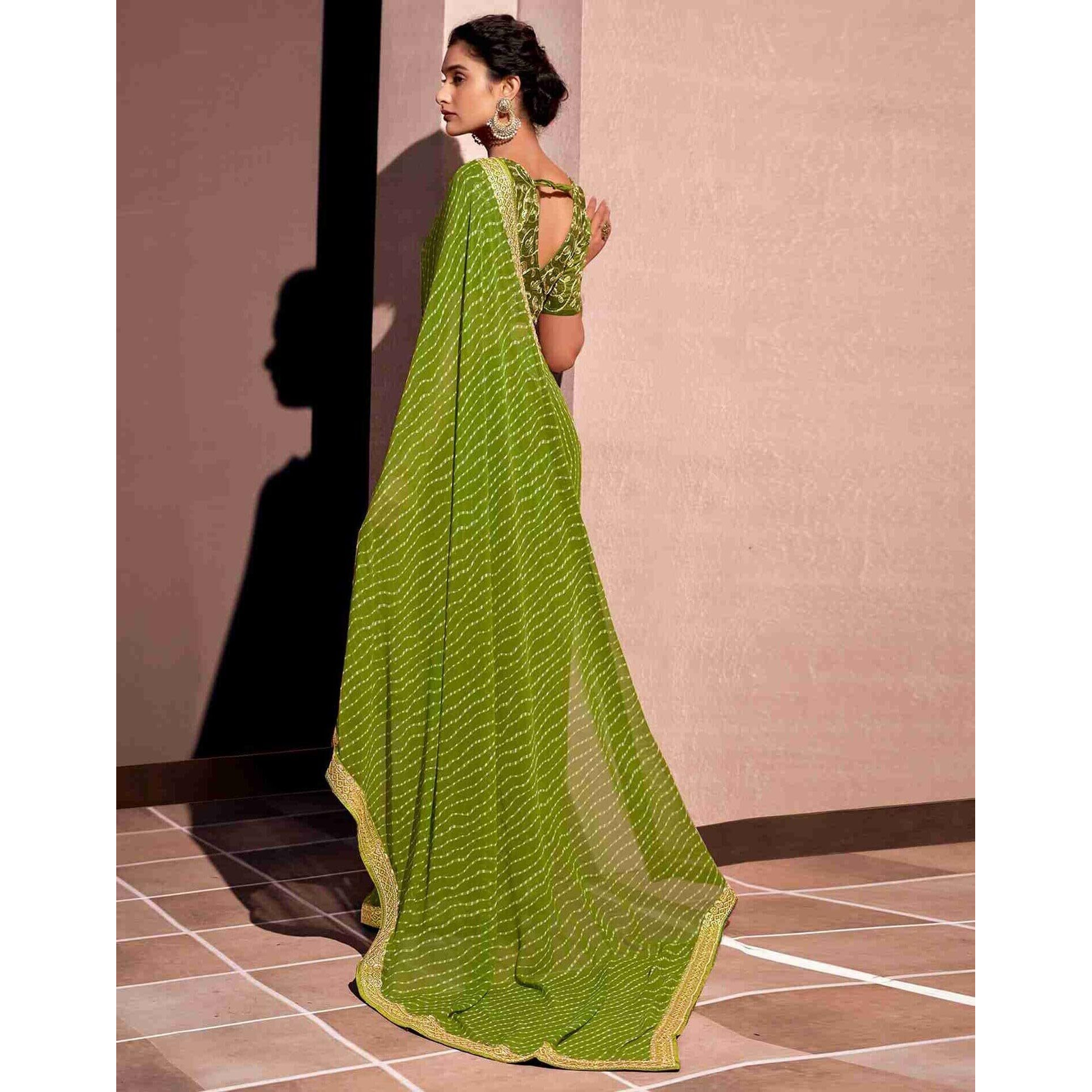 Shiv Textiles Women's Georgette Leheriya & Lace Border Saree(Sat-532S-Mehendi Green)