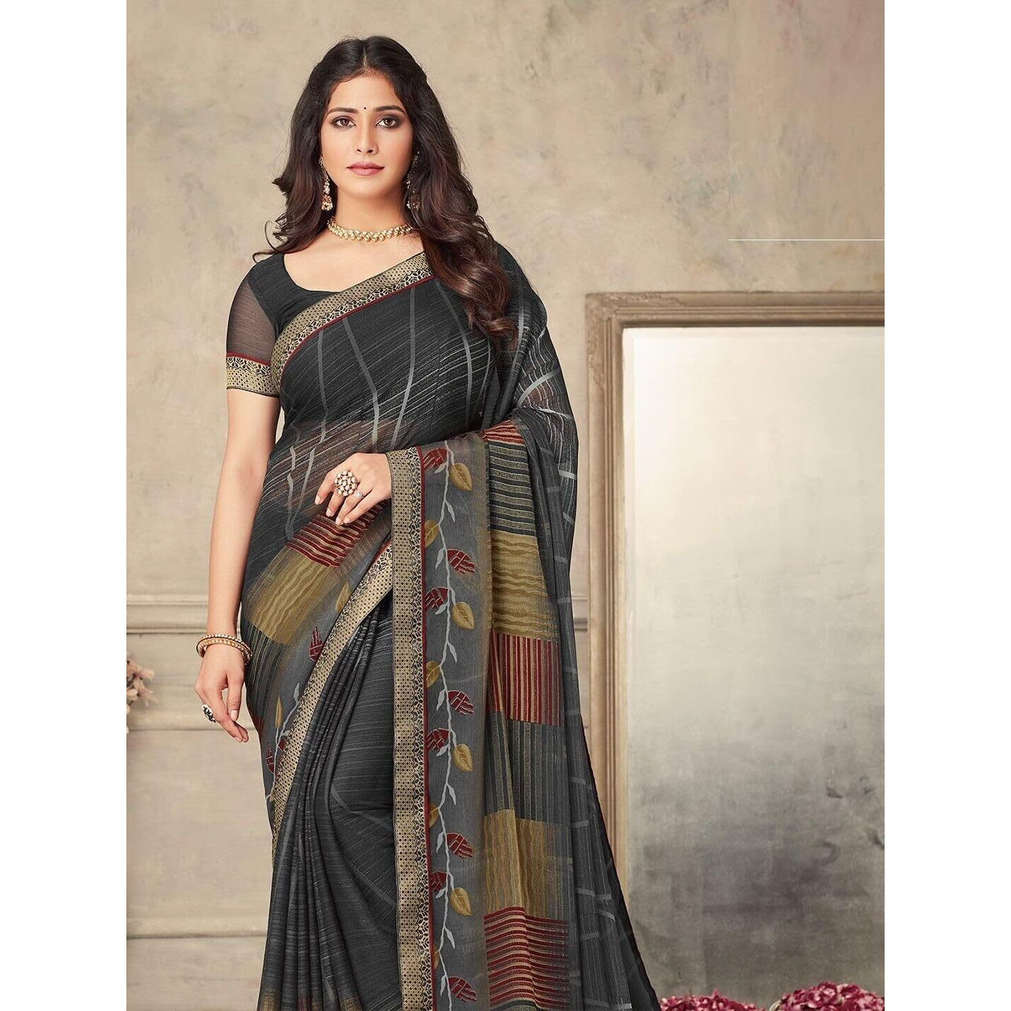 Shiv Textiles Women's Chiffon Digital Printed & Lace Saree(Sat-542S-102)