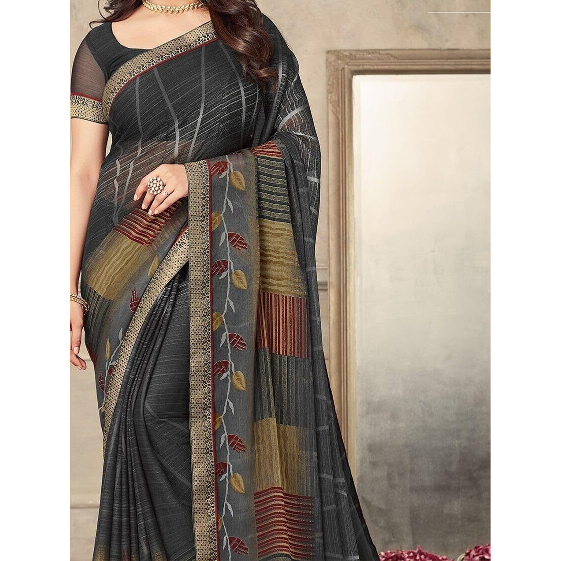 Shiv Textiles Women's Chiffon Digital Printed & Lace Saree(Sat-542S-102)