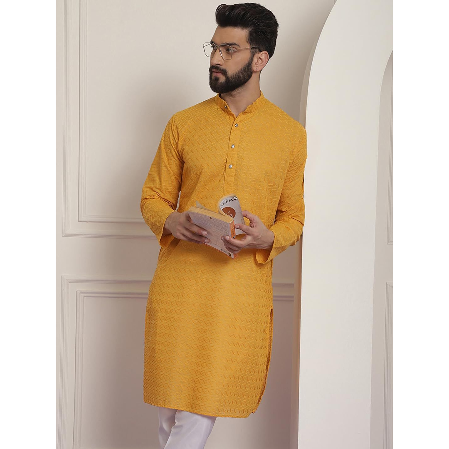 Sojanya (Since 1958 Ethnic Motifs Embroidered Thread Work Pure Cotton Mustard Straight Only Kurta