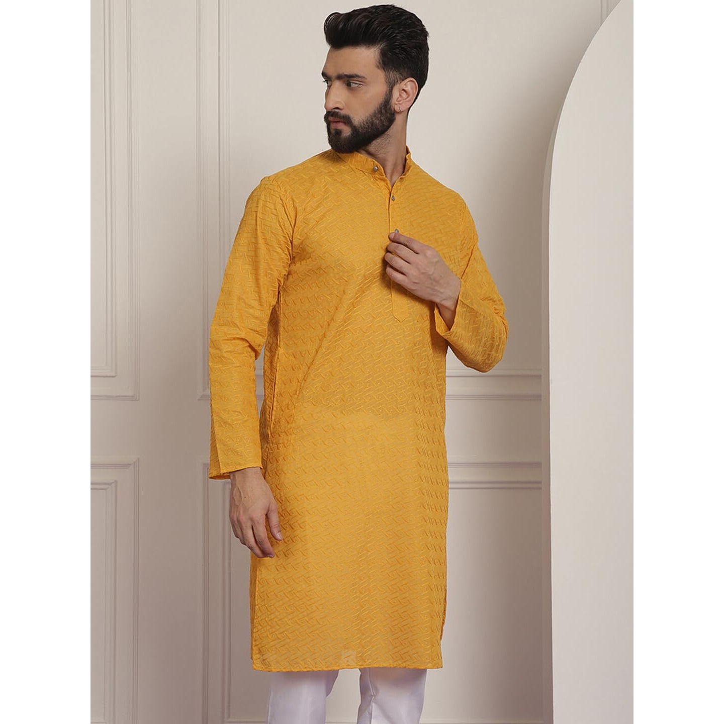 Sojanya (Since 1958 Ethnic Motifs Embroidered Thread Work Pure Cotton Mustard Straight Only Kurta