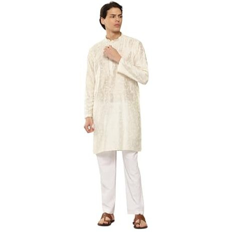 See Designs Men's Long Sleeve Mandarin Collar Off White Embroidered Thread Work Chanderi Silk Straight Kurta With Pyjama - Sdkt287301L