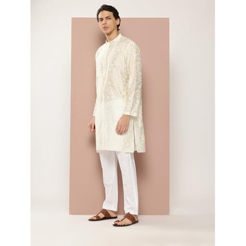 See Designs Men's Long Sleeve Mandarin Collar Off White Embroidered Thread Work Chanderi Silk Straight Kurta With Pyjama - Sdkt287301L