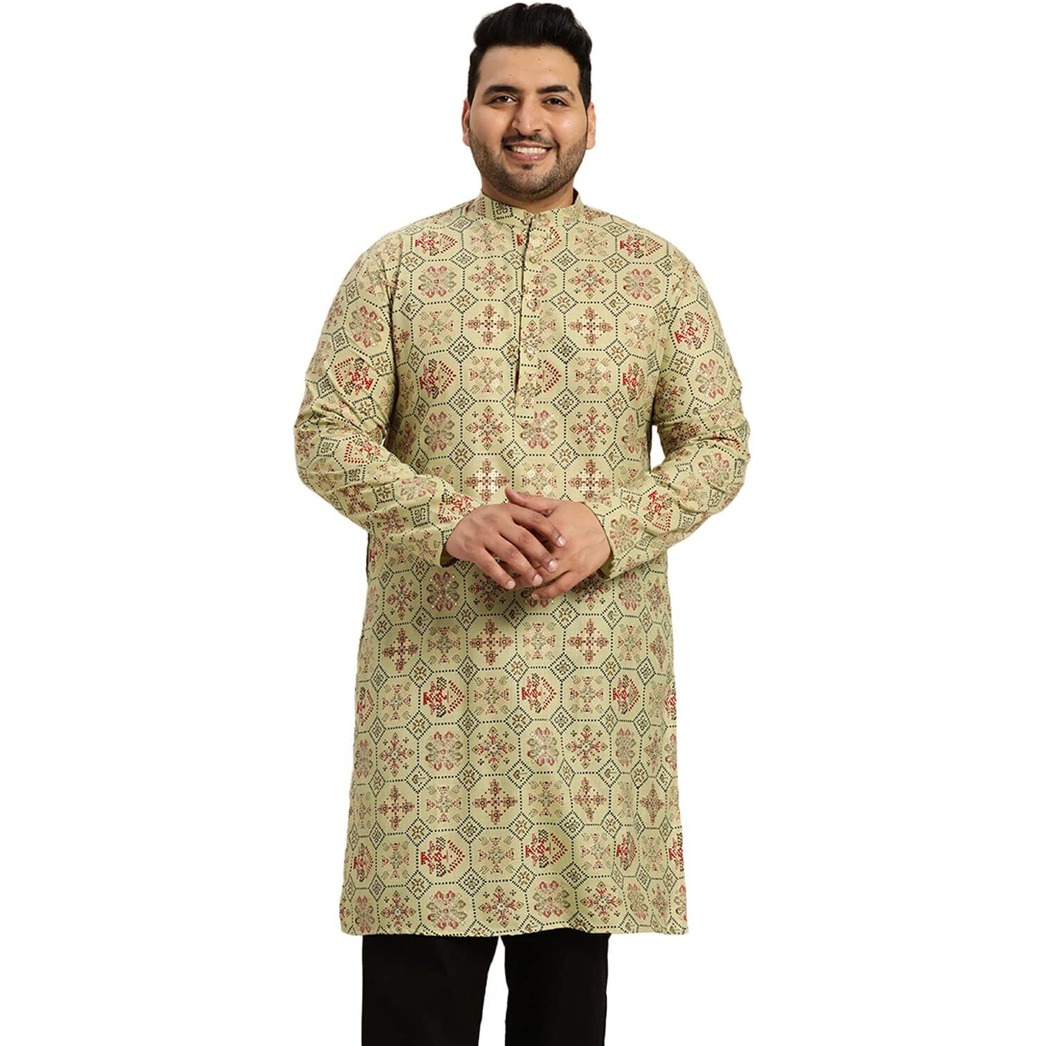 Sojanya Plus (Since 1958) Men's Cotton Linen Pista Green And Multi Printed Only Long Kurta