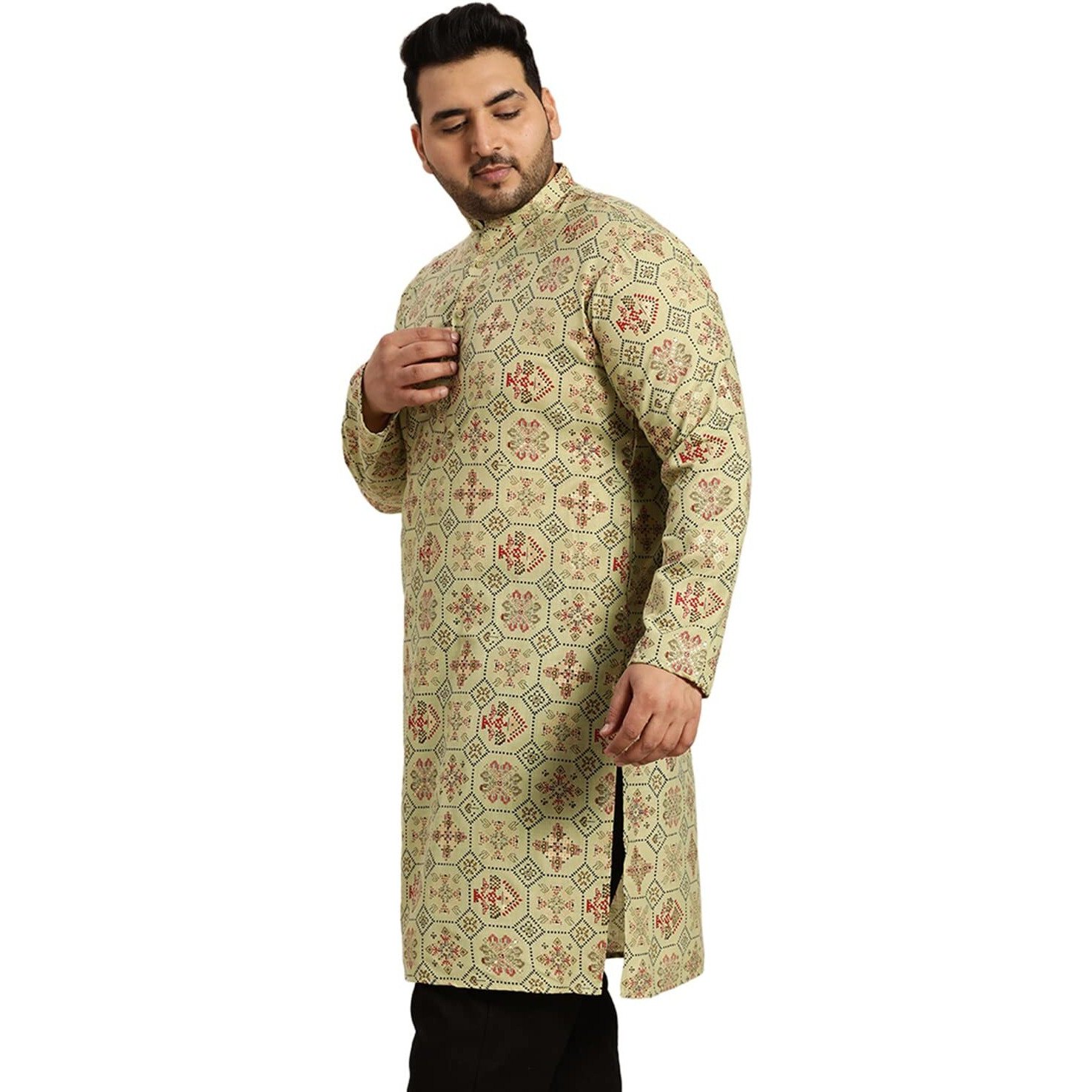 Sojanya Plus (Since 1958) Men's Cotton Linen Pista Green And Multi Printed Only Long Kurta