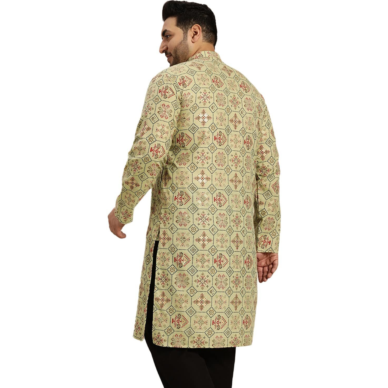 Sojanya Plus (Since 1958) Men's Cotton Linen Pista Green And Multi Printed Only Long Kurta
