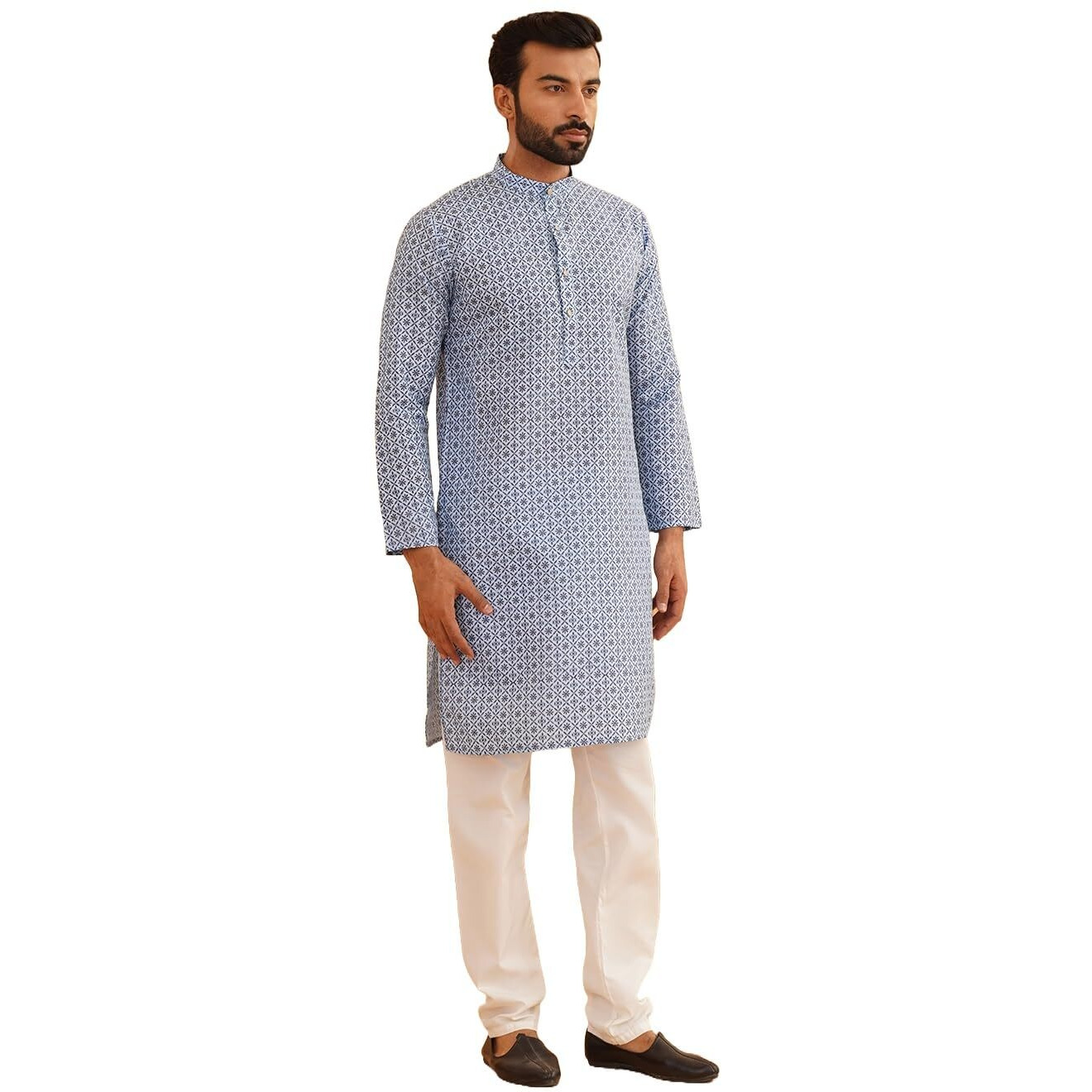 Sojanya (Since 1958 Men's Cotton Linen Blue Foil Printed Kurta And White Pyjama Set