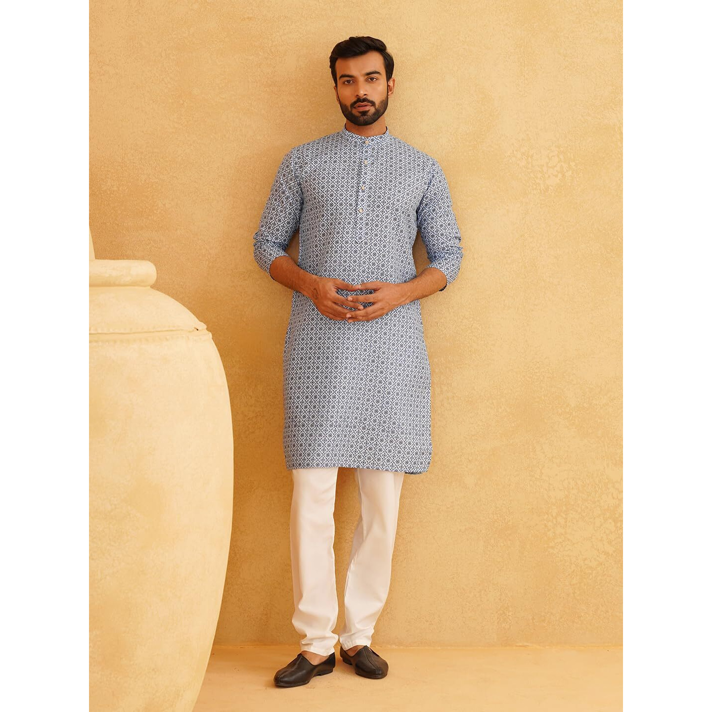 Sojanya (Since 1958 Men's Cotton Linen Blue Foil Printed Kurta And White Pyjama Set