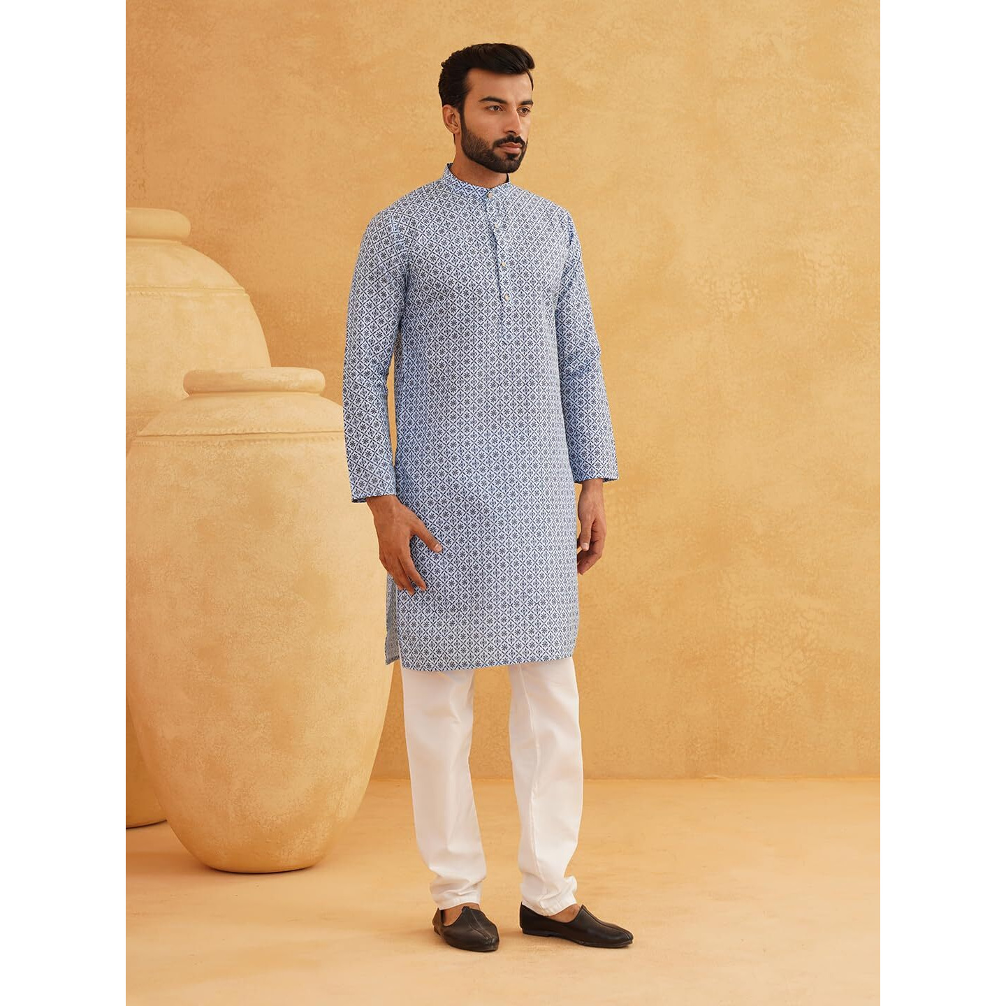 Sojanya (Since 1958 Men's Cotton Linen Blue Foil Printed Kurta And White Pyjama Set