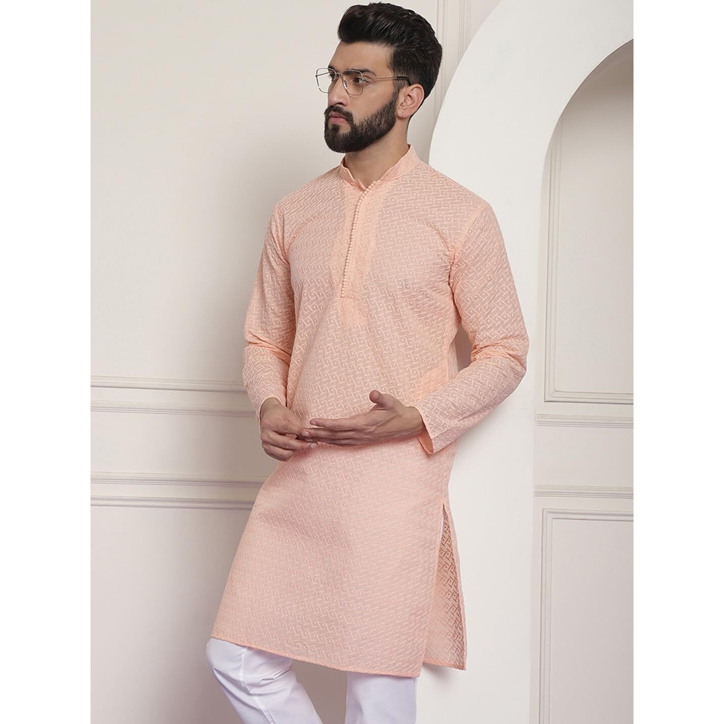 Sojanya (Since 1958 Ethnic Motifs Embroidered Thread Work Pure Cotton Peach Straight Only Kurta