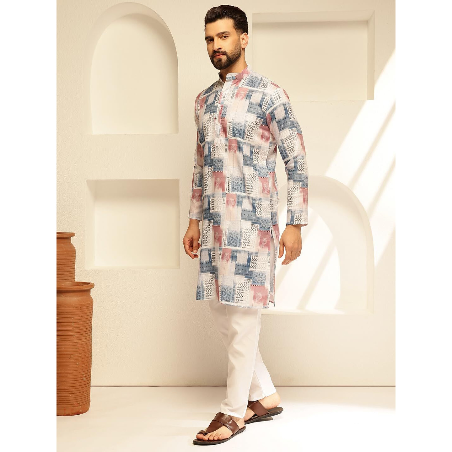 Sojanya (Since 1958 Men's Cotton Linen Geometric Print White & Multi Long Kurta