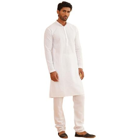 Sojanya (Since 1958 Men's Cotton Embroidered Thread Work White Kurta With White Churidar Pyjama
