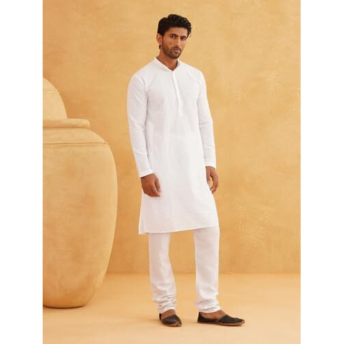 Sojanya (Since 1958 Men's Cotton Embroidered Thread Work White Kurta With White Churidar Pyjama