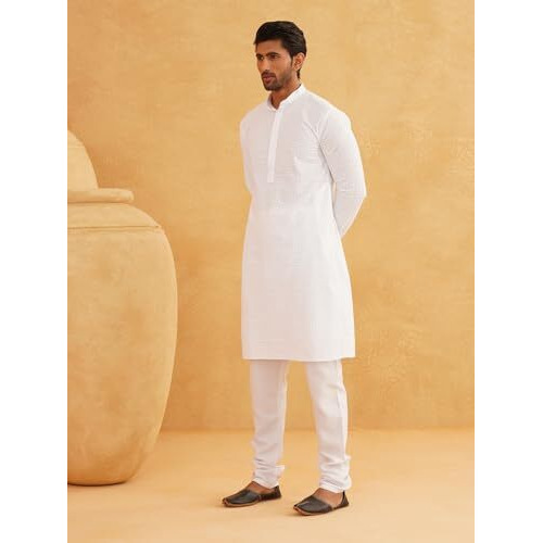 Sojanya (Since 1958 Men's Cotton Embroidered Thread Work White Kurta With White Churidar Pyjama