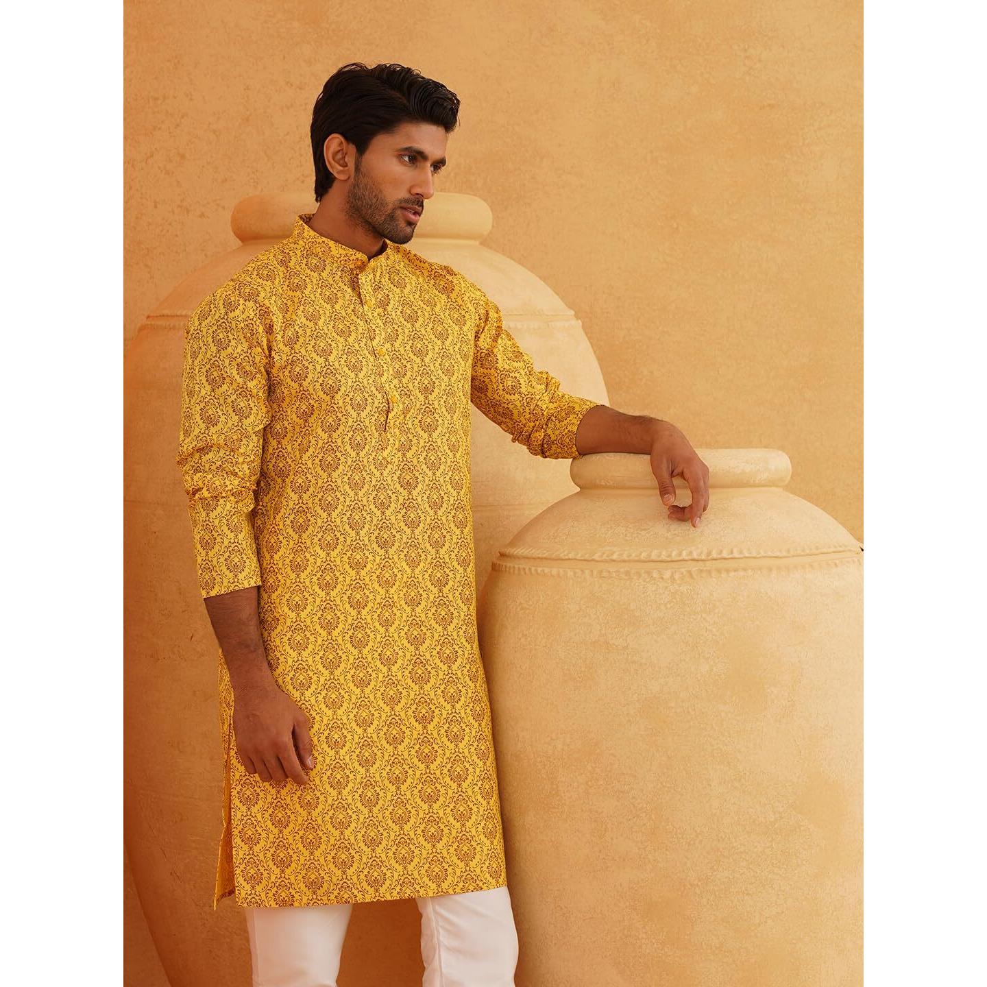 Sojanya (Since 1958 Men's Cotton Blend Mustard Printed Only Long Kurta Size42