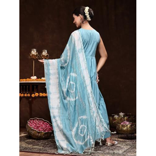 Stylum Women's Aqua Blue Solid & Embroidered Cotton Tiered Kurta Pant Dupatta Set