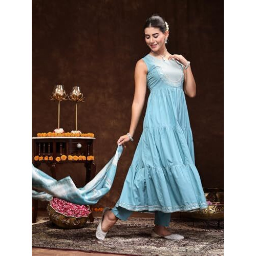 Stylum Women's Aqua Blue Solid & Embroidered Cotton Tiered Kurta Pant Dupatta Set