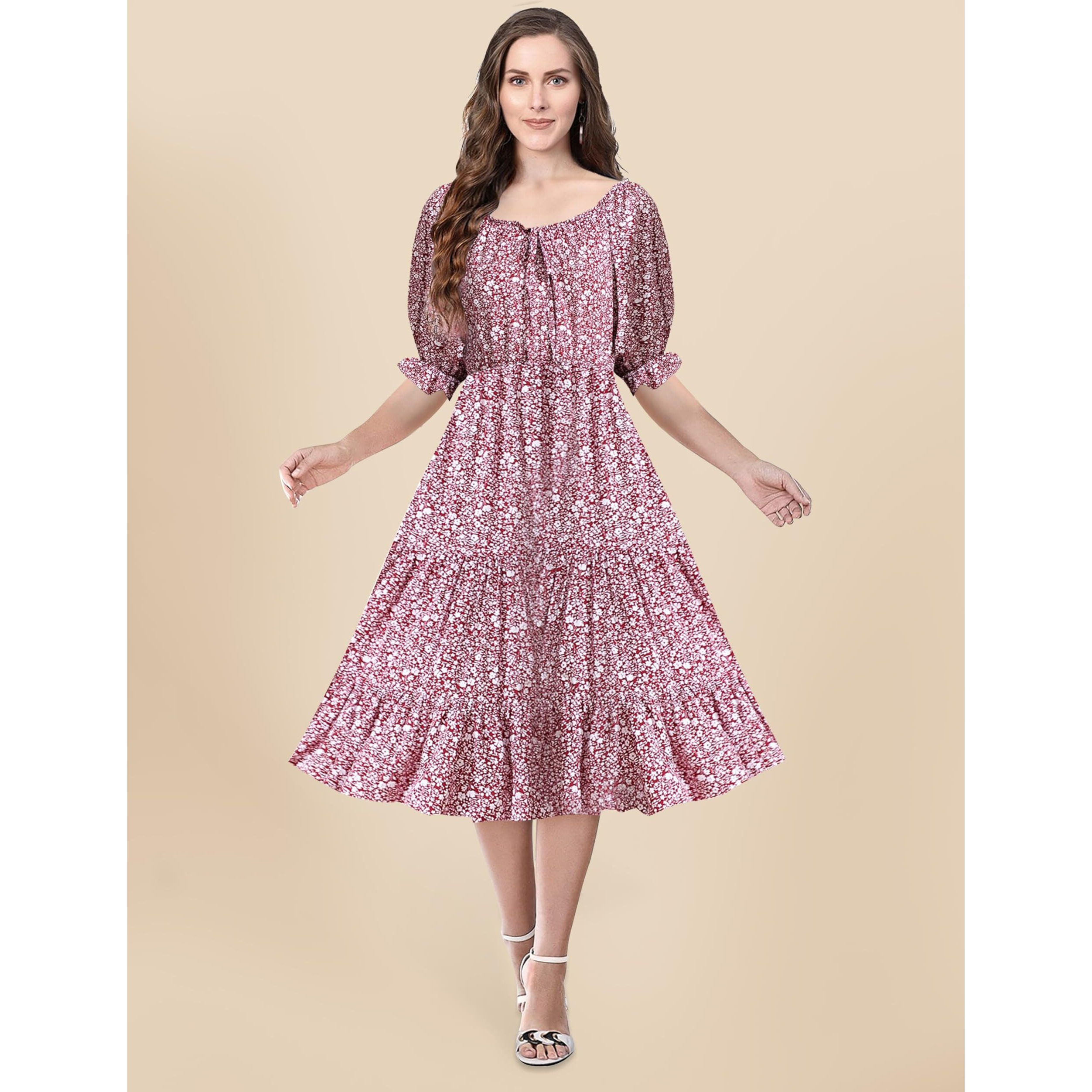 Toochki Women's Maroon Muslin Floral Fit & Flared Western Dress | Dress For Women | A Line Dress | Winter Dress | Western Dress | Latest Women Dress | Trendy Dress | Midi Dress