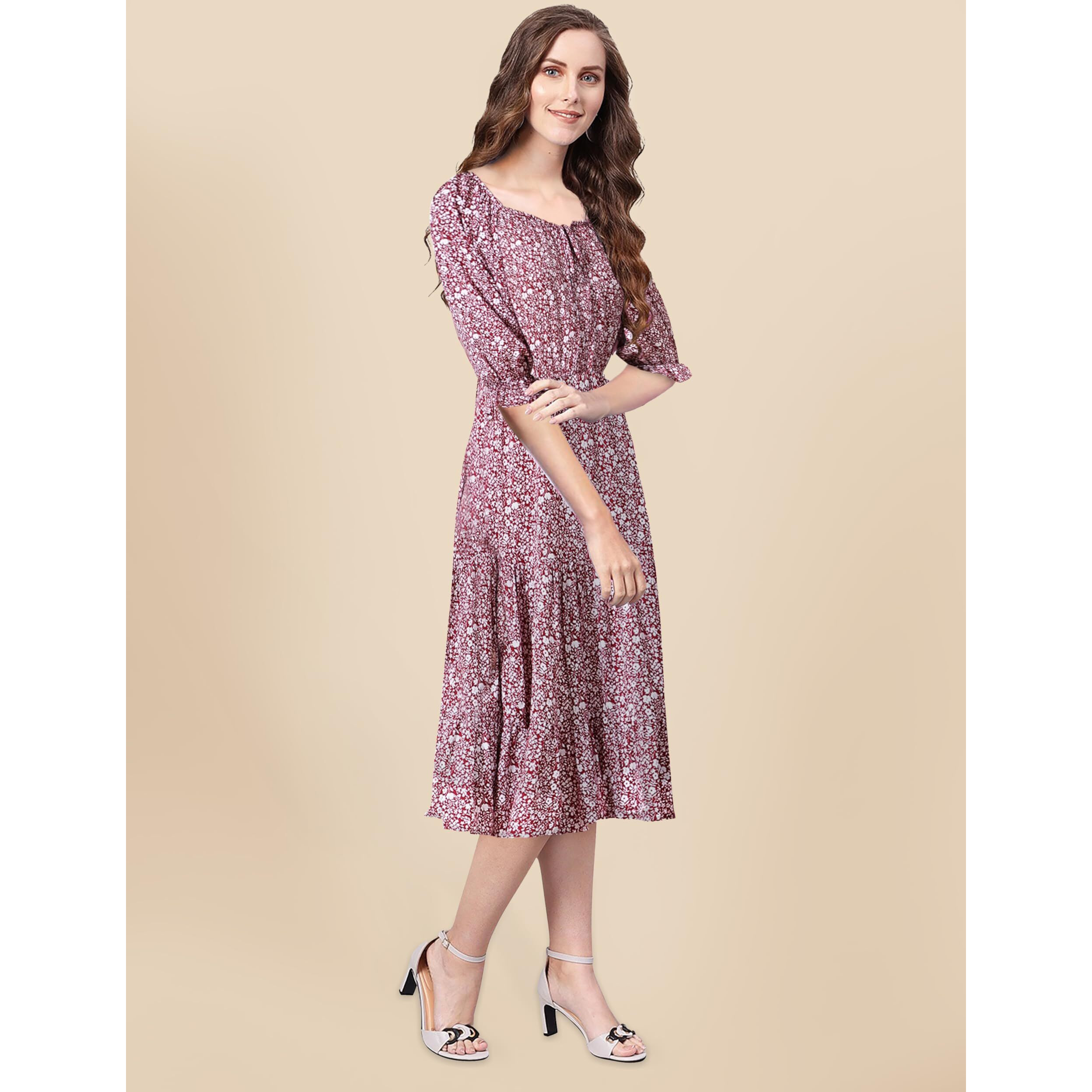 Toochki Women's Maroon Muslin Floral Fit & Flared Western Dress | Dress For Women | A Line Dress | Winter Dress | Western Dress | Latest Women Dress | Trendy Dress | Midi Dress
