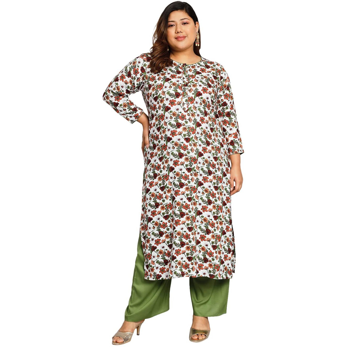 Tissu Women's Plus Size White & Orange Floral Printed Kurta With Palazzo (T-Plus-657_White_3Xl)