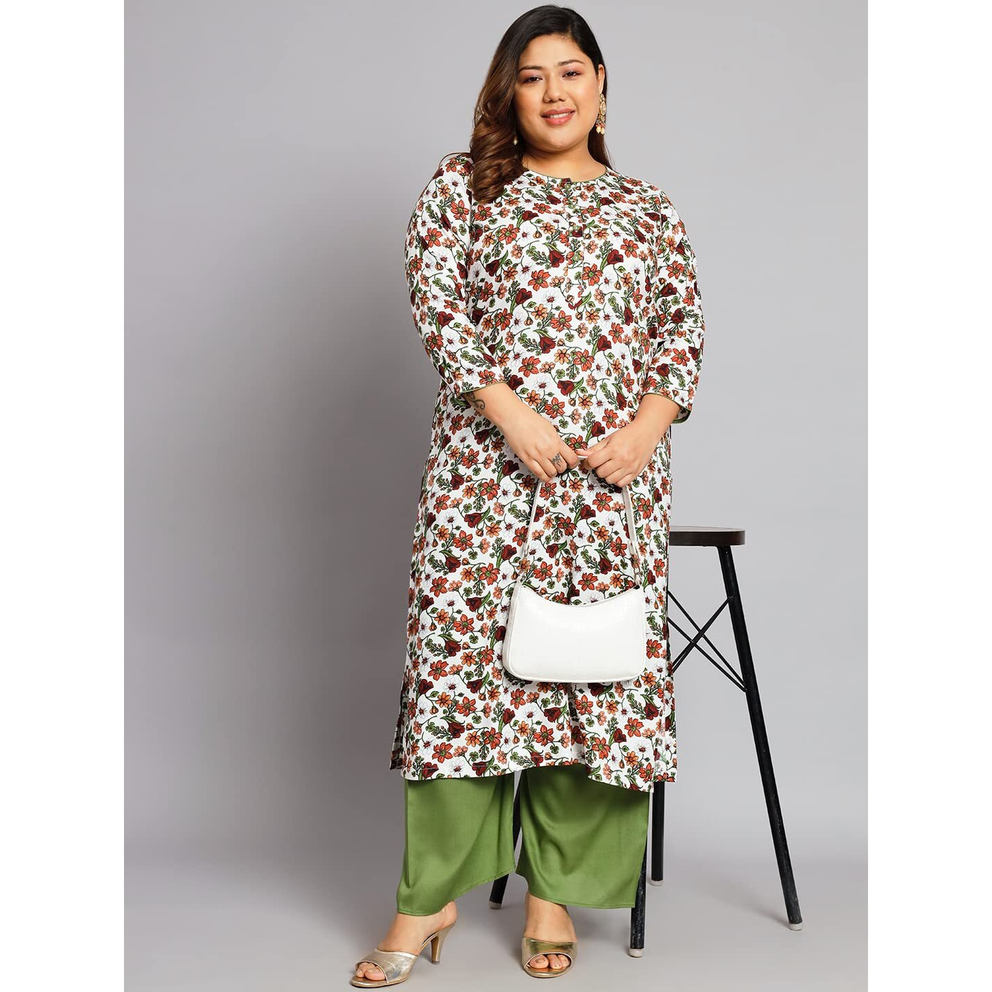 Tissu Women's Plus Size White & Orange Floral Printed Kurta With Palazzo (T-Plus-657_White_3Xl)
