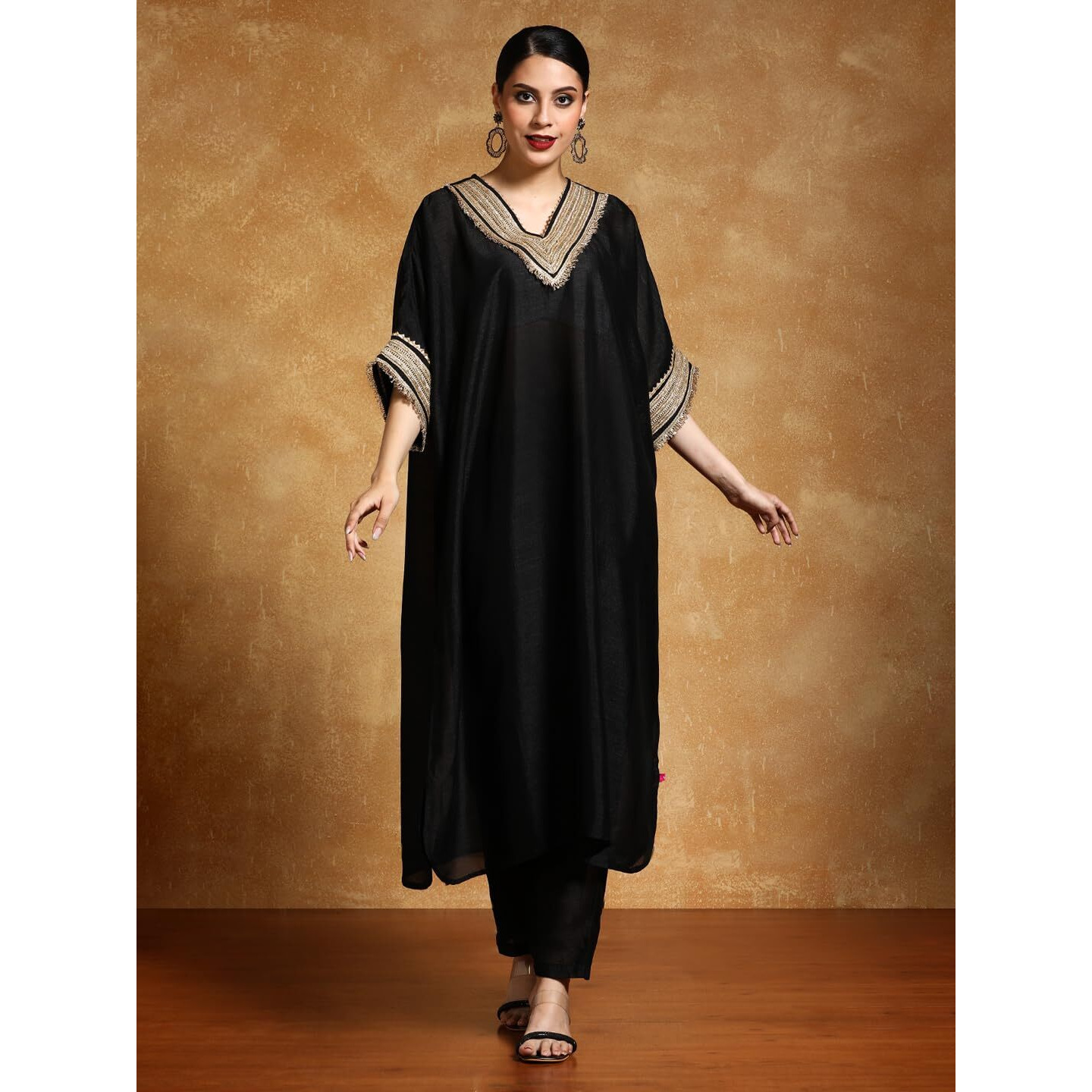 Varanga Women-Zari Embroidered Lace Neck Flared Kaftan With Trouser