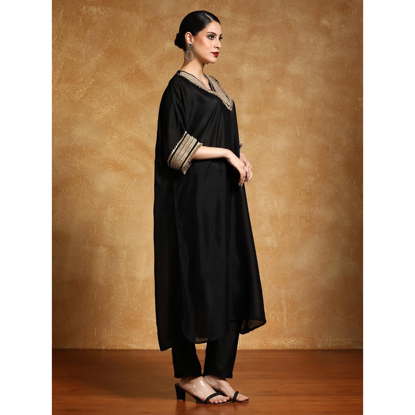 Varanga Women-Zari Embroidered Lace Neck Flared Kaftan With Trouser