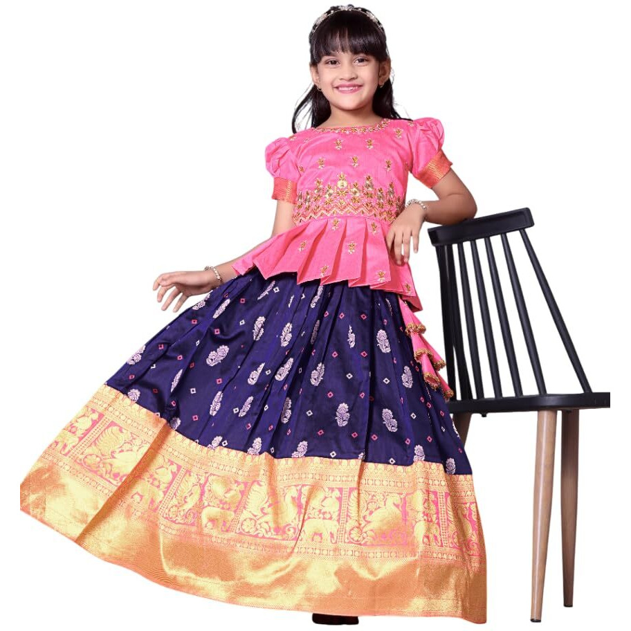 White Button New Latest Girl's Pattu Pavadai Readymade Lehenga Choli For Girls Dress