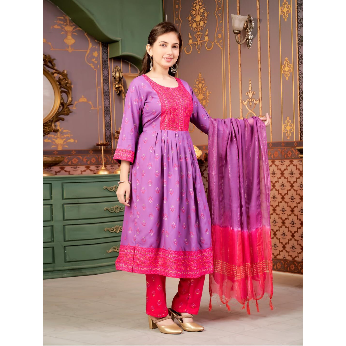 Aarika Girls Ethnic Wear Purple-Rani Colour Foil Print Rayon Kurti-8-15 Years (Kurti-Ap-802)
