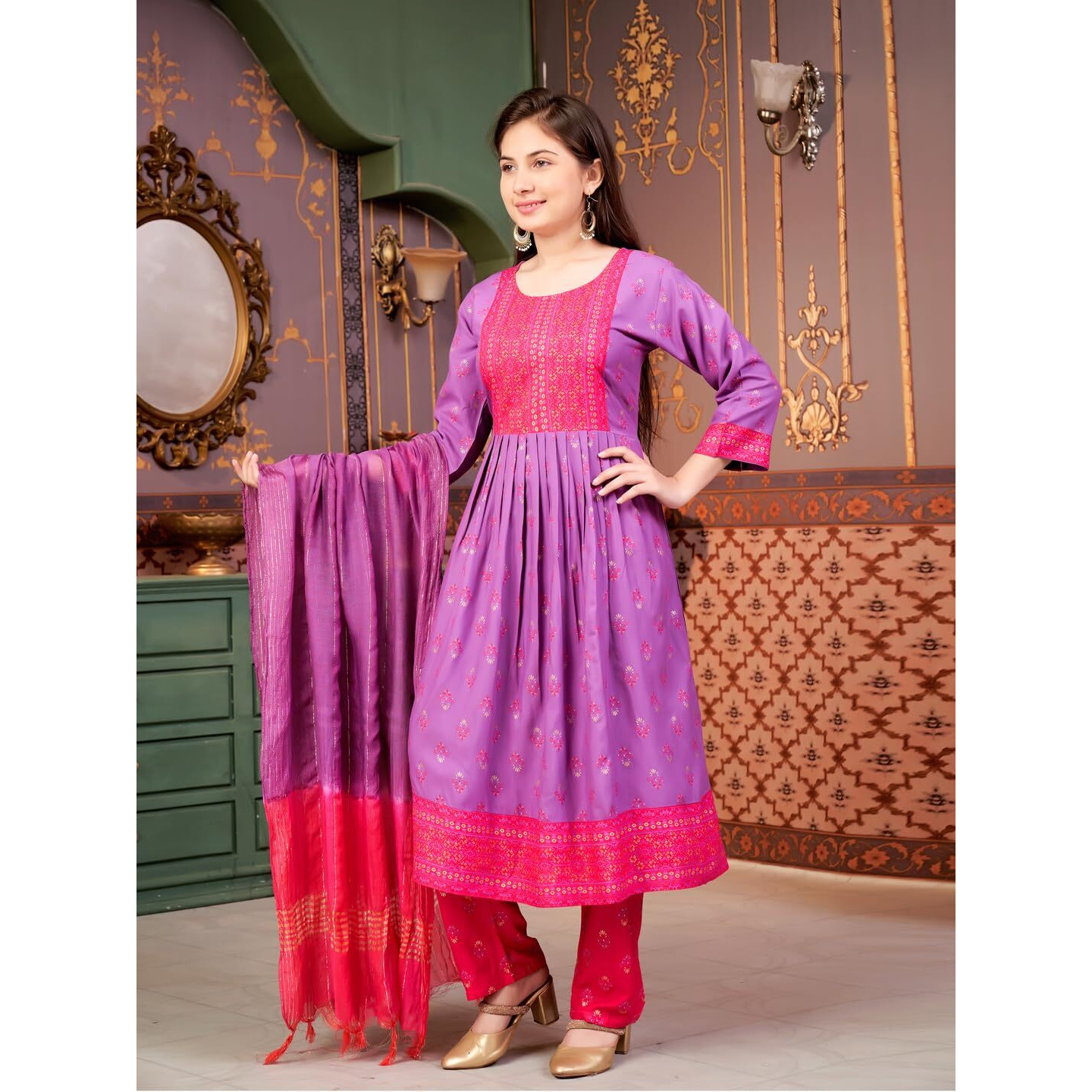Aarika Girls Ethnic Wear Purple-Rani Colour Foil Print Rayon Kurti-8-15 Years (Kurti-Ap-802)