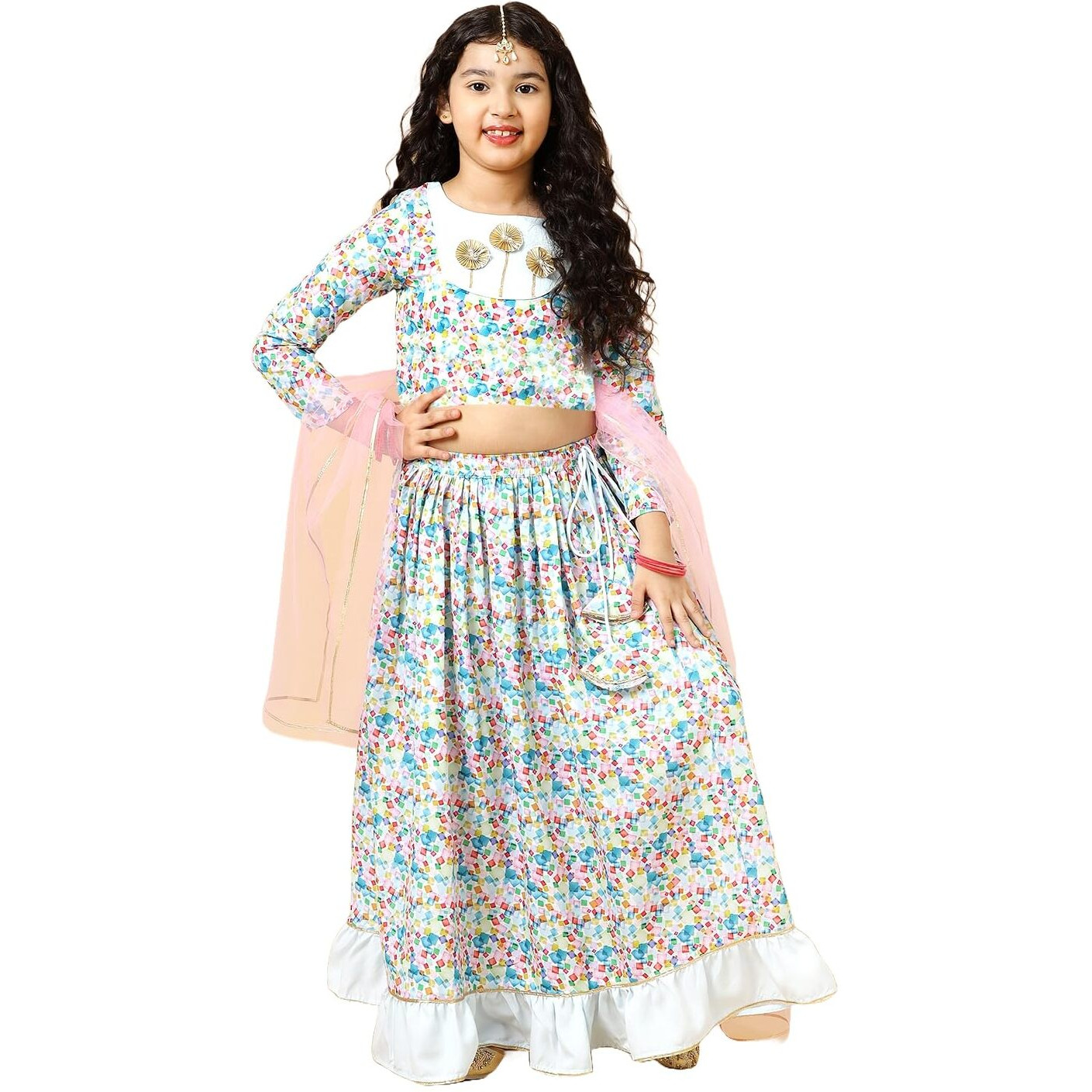 A.T.U.N. (All Things Uber Nice) Girls Blue Cube Printed Lehenga Set