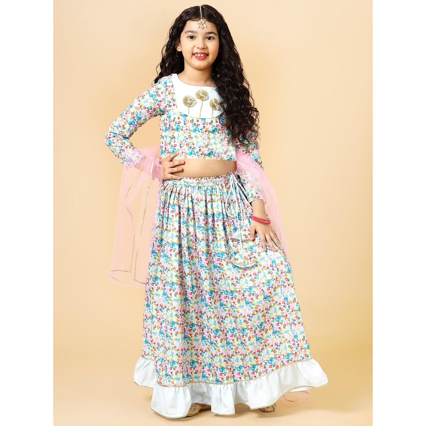 A.T.U.N. (All Things Uber Nice) Girls Blue Cube Printed Lehenga Set
