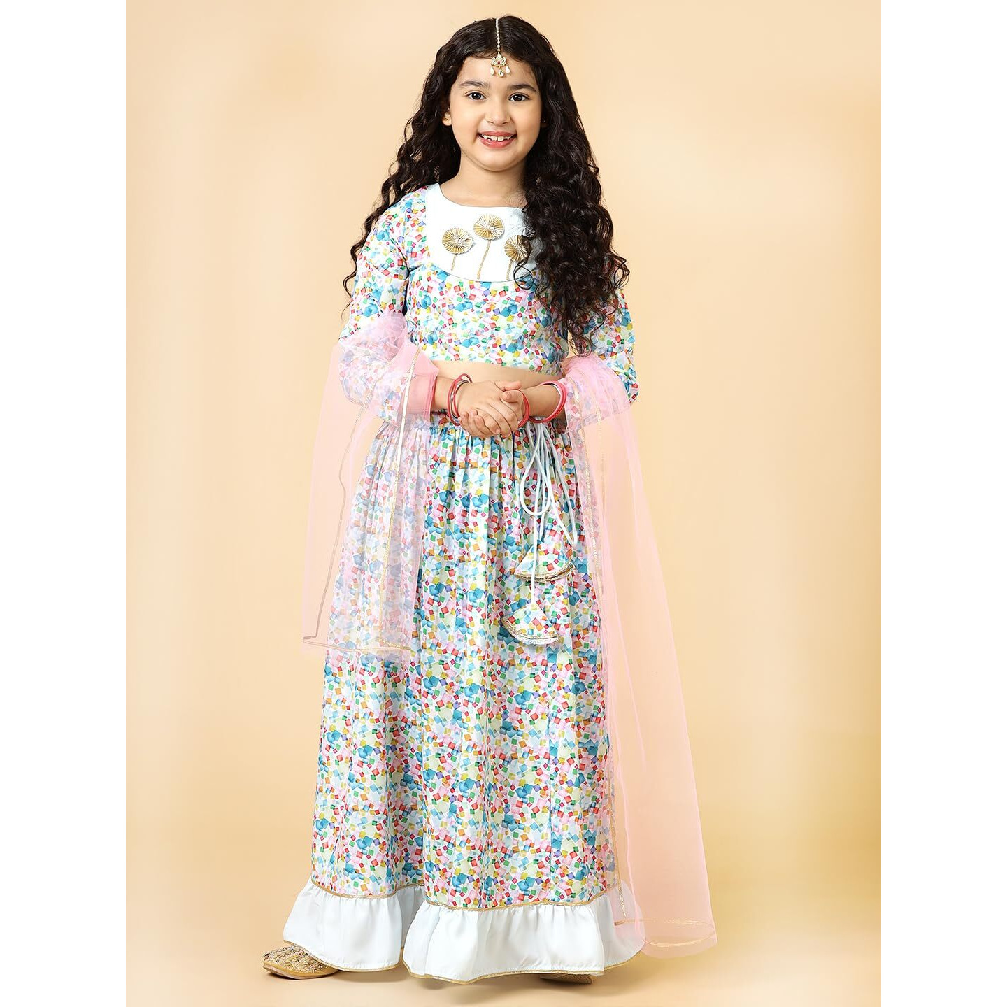 A.T.U.N. (All Things Uber Nice) Girls Blue Cube Printed Lehenga Set