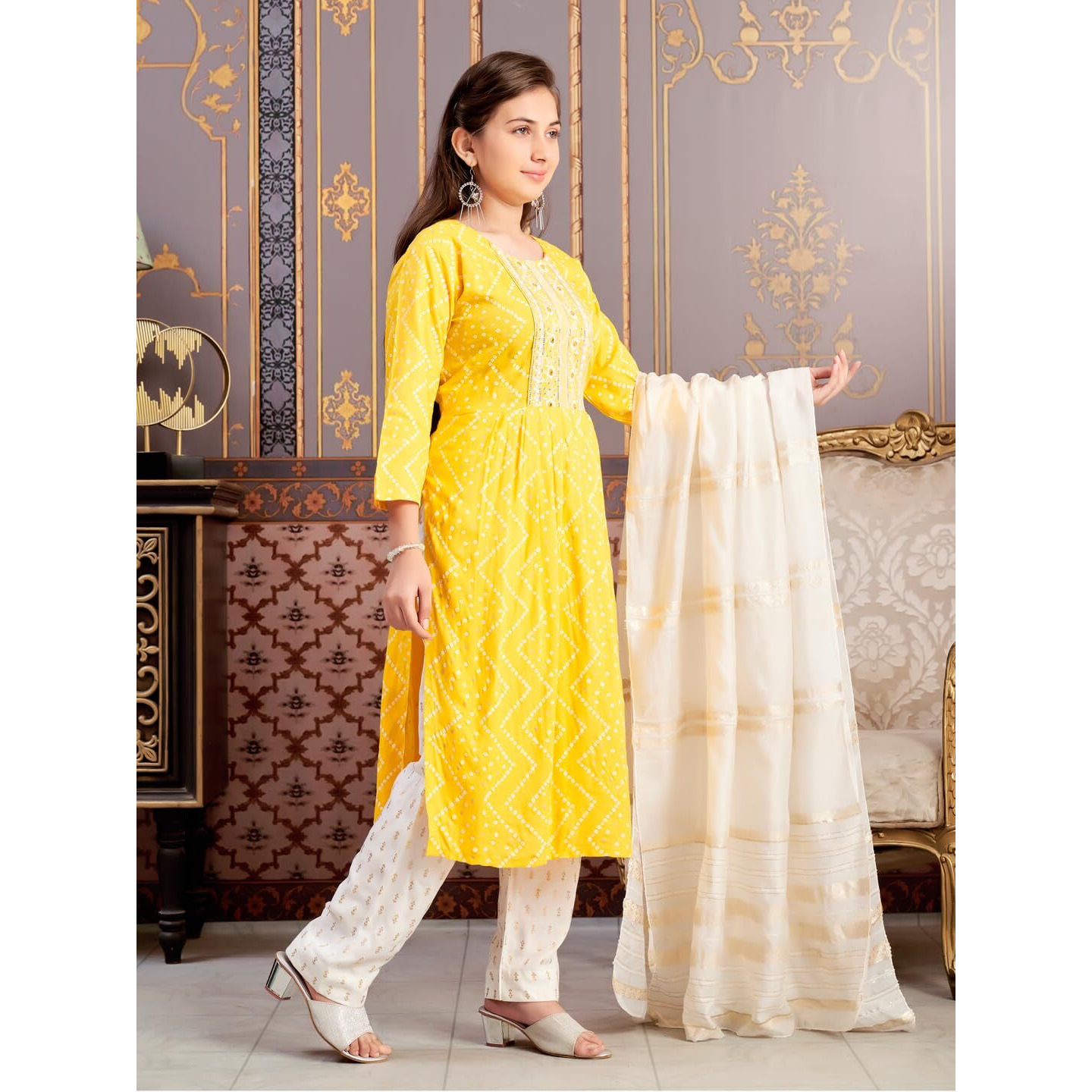 Aarika Girls Ethnic Wear Yellow Colour Bandhani Print Embroidey Rayon Kurti-8-15 Years (Kurti-Tr-242)