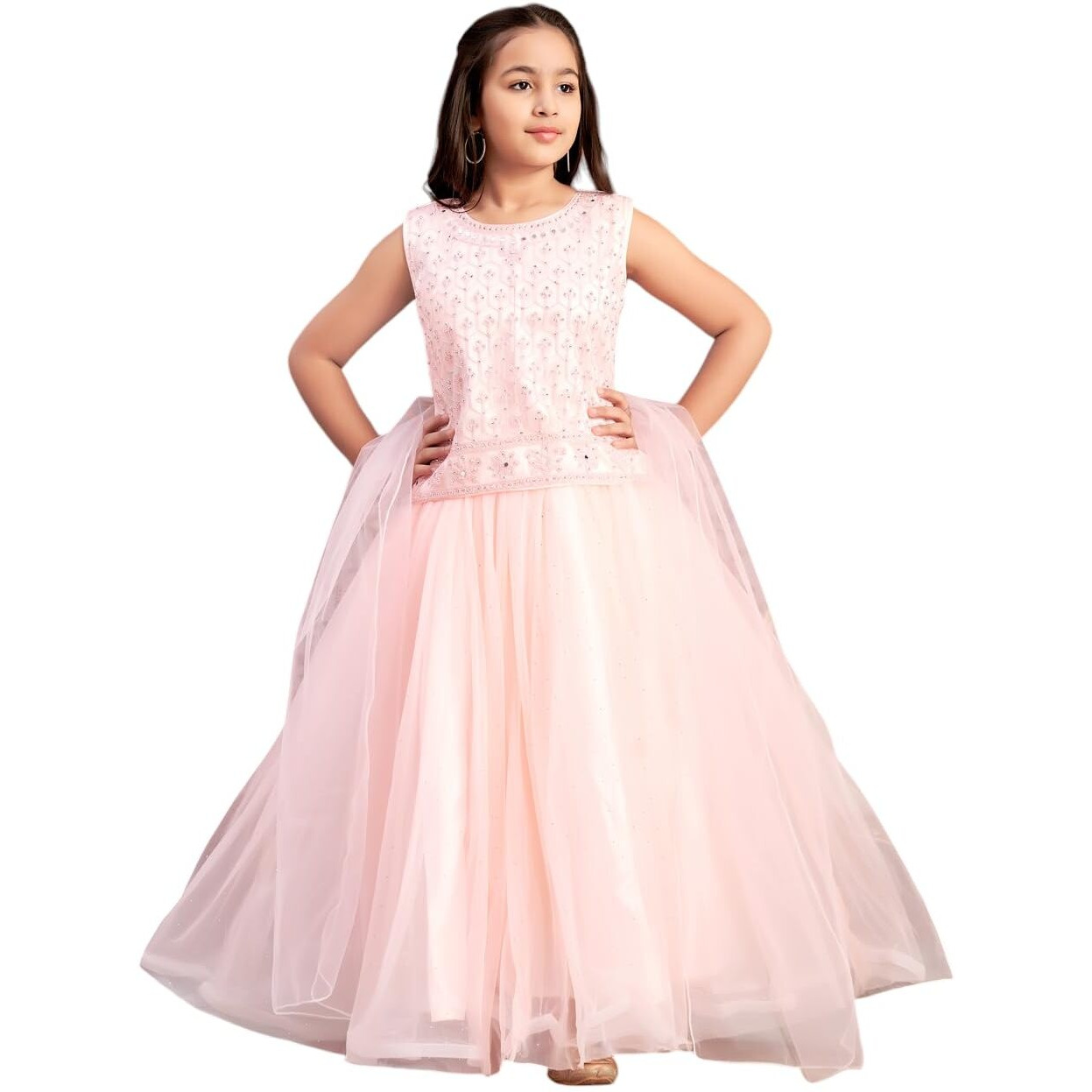 Aarika Girls Ethnic Wear Peach Colour Mirror Embroidery Net Lehenga Choli Set With Dupatta-3-13 Years (Lch-18273)