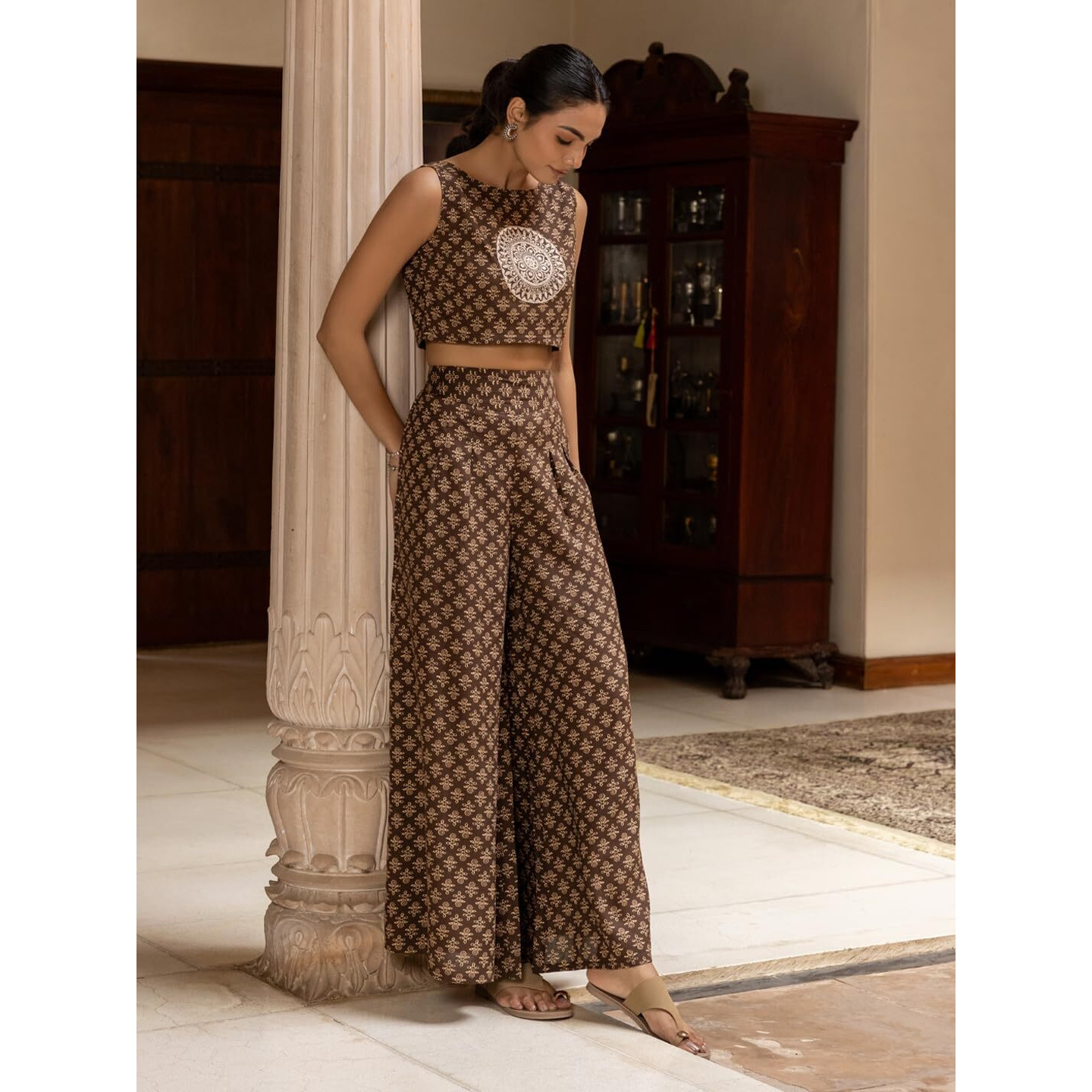 Fiorra Women's Brown Cotton Embroidered Co-Ord Set Set0190