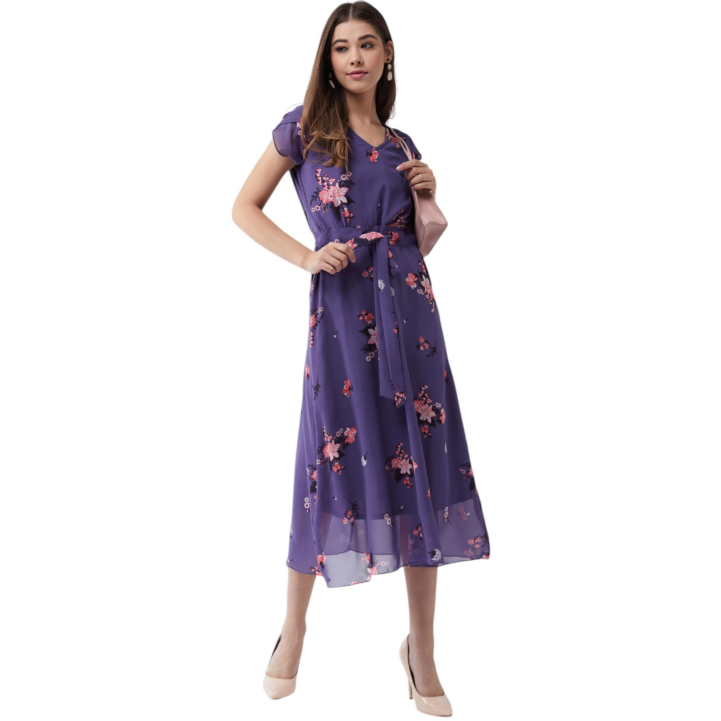 Miss Chase Women's V-Neck Short Sleeved Floral Pleated Midi Dress (Mcss25D93-25-609-02, Multicolor Base Matte Purple, Xs)