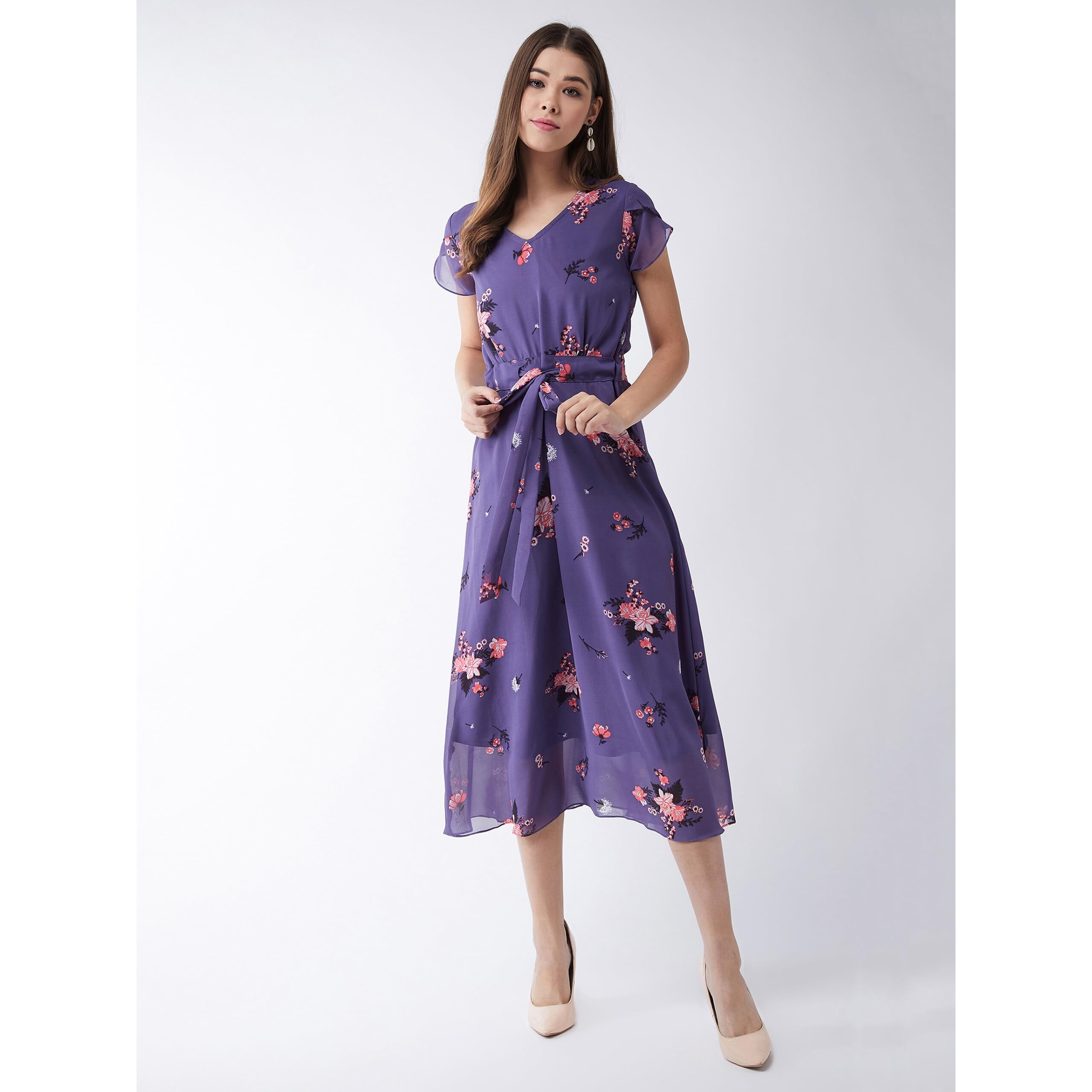 Miss Chase Women's V-Neck Short Sleeved Floral Pleated Midi Dress (Mcss25D93-25-609-02, Multicolor Base Matte Purple, Xs)