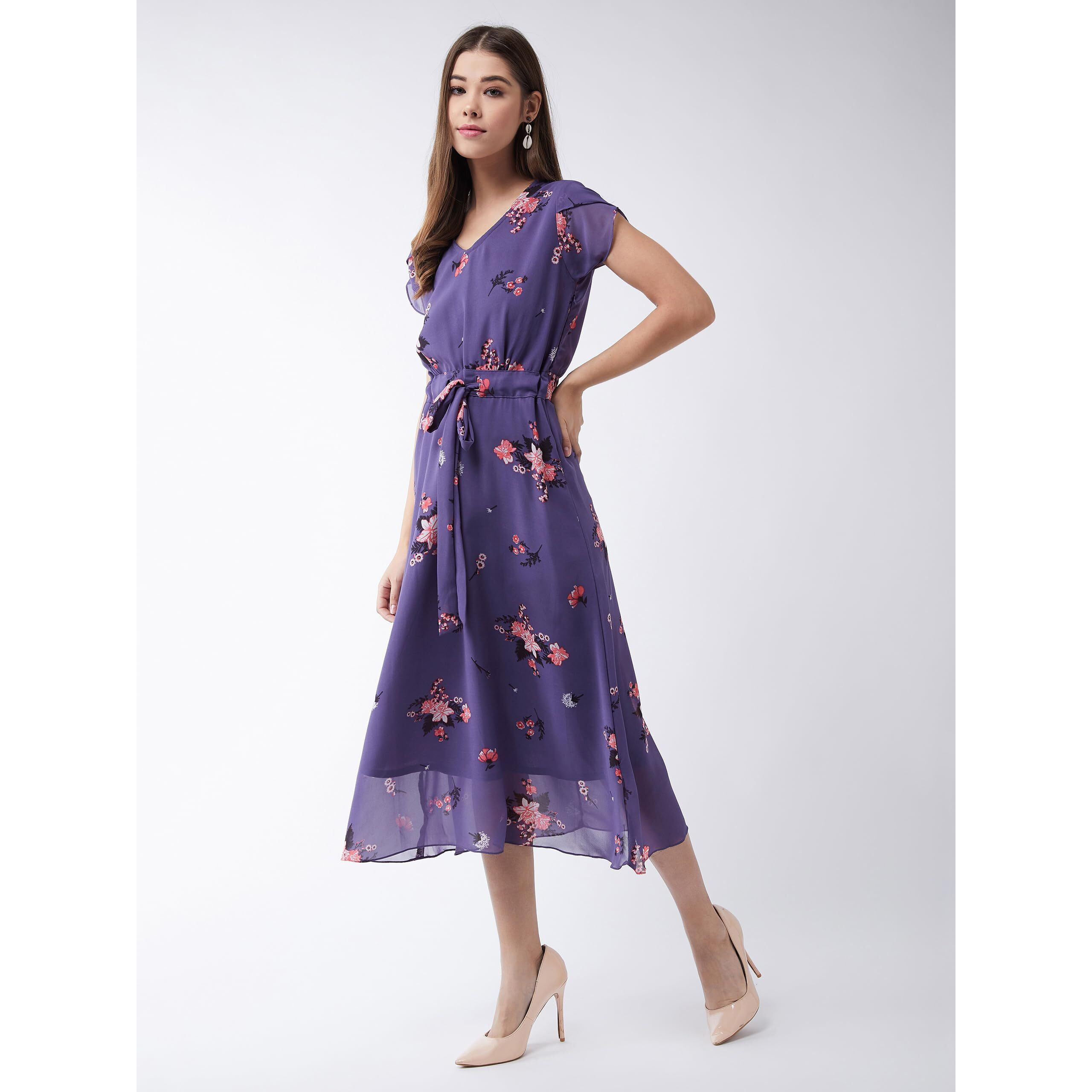 Miss Chase Women's V-Neck Short Sleeved Floral Pleated Midi Dress (Mcss25D93-25-609-02, Multicolor Base Matte Purple, Xs)