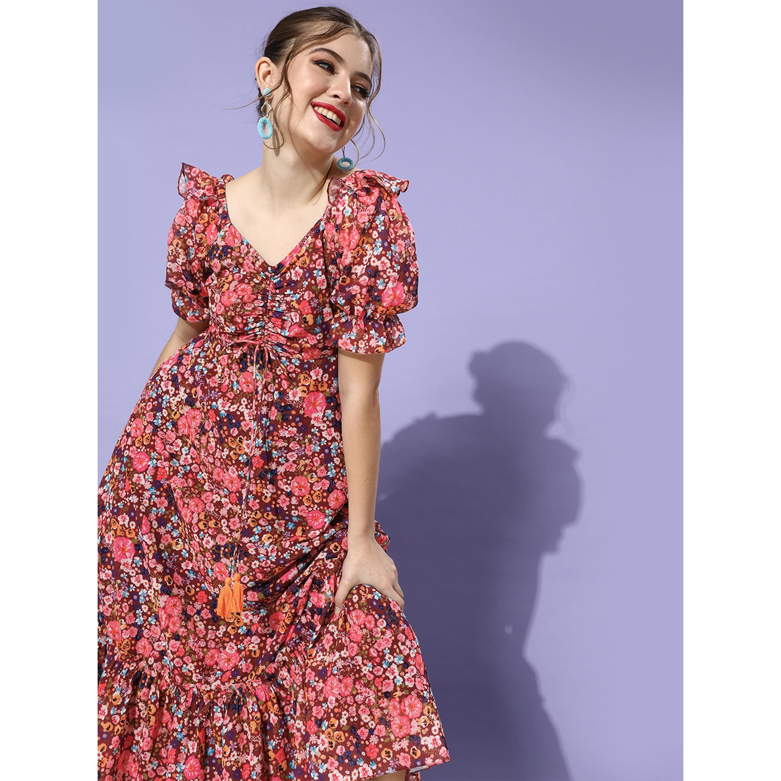 Miss Chase Women's V-Neck Ankle-Length Dress (Mcss25D93-25-252-03, Multicolored Base Wine, S)