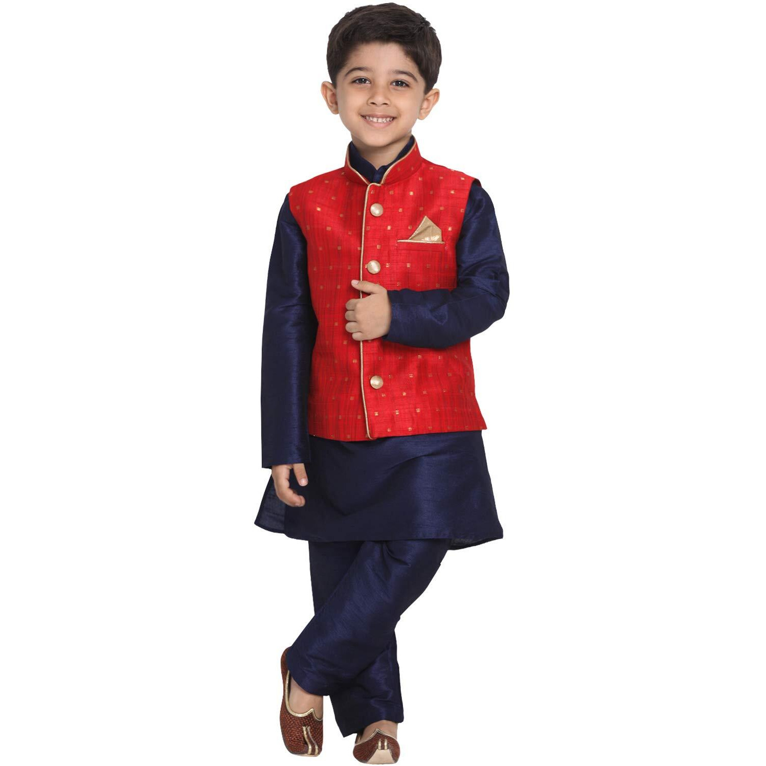 Jbn Creation Boys' Maroon And Navy Blue Silk Blend Kurta, Ethnic Jacket And Pyjama Set (Vasbj009Manbknb001Npnb, For 12-18 Months)