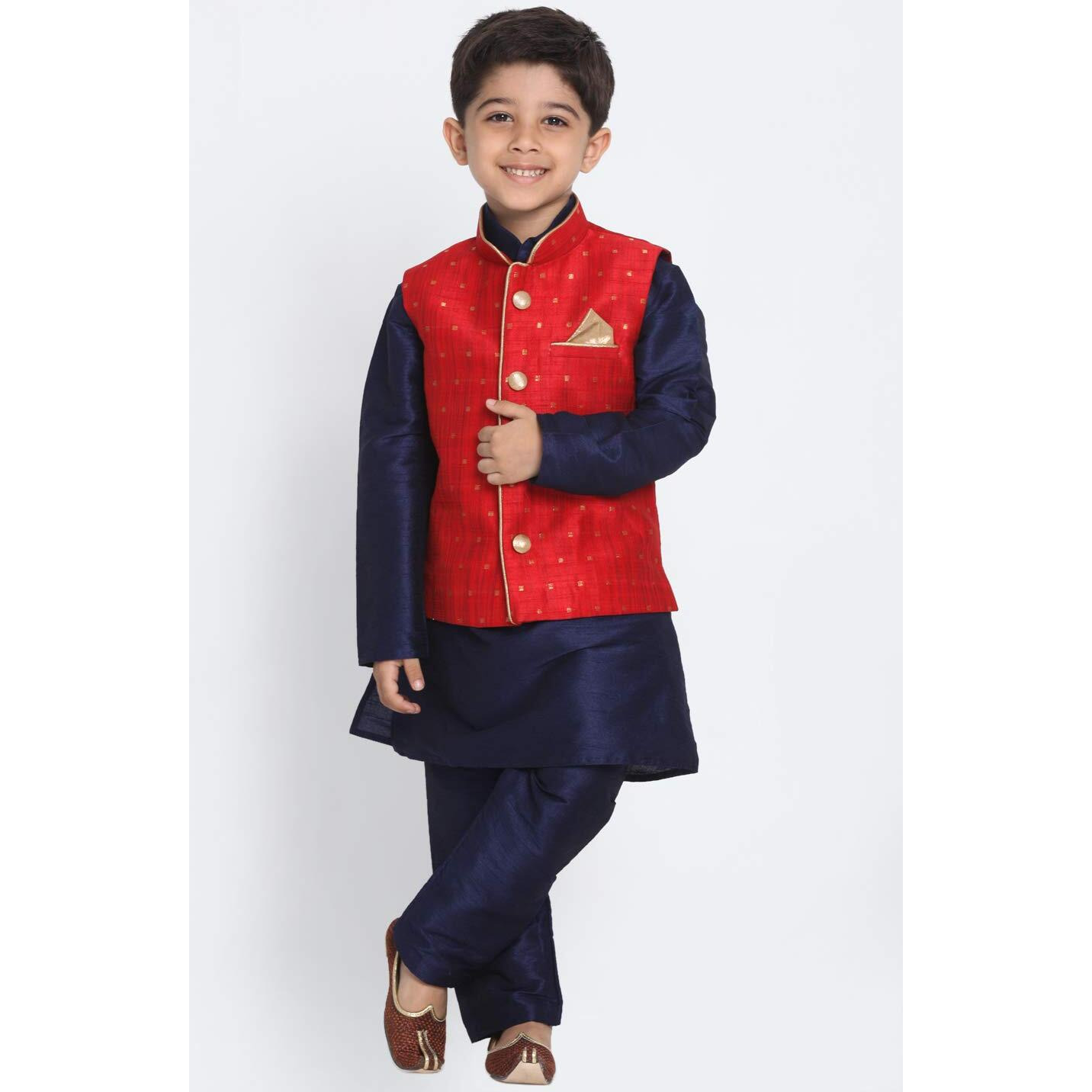 Jbn Creation Boys' Maroon And Navy Blue Silk Blend Kurta, Ethnic Jacket And Pyjama Set (Vasbj009Manbknb001Npnb, For 12-18 Months)