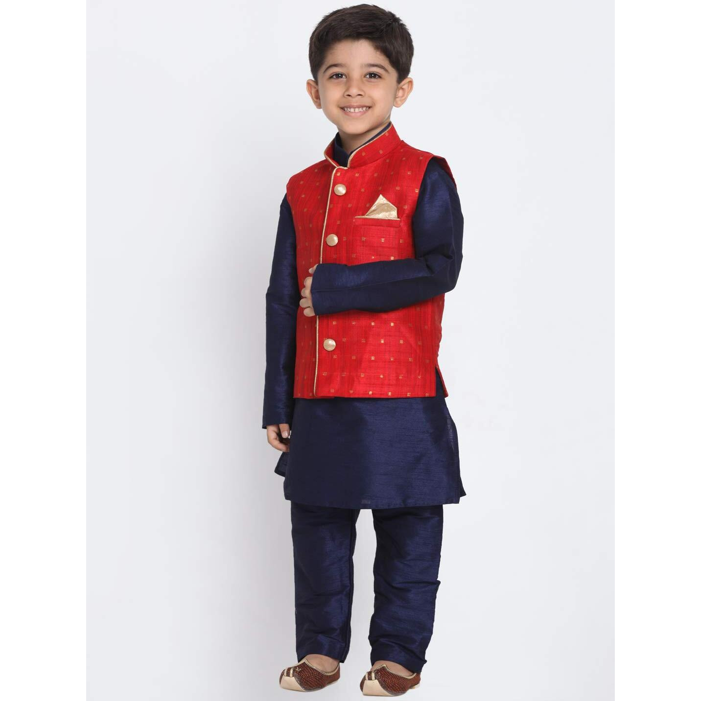 Jbn Creation Boys' Maroon And Navy Blue Silk Blend Kurta, Ethnic Jacket And Pyjama Set (Vasbj009Manbknb001Npnb, For 12-18 Months)