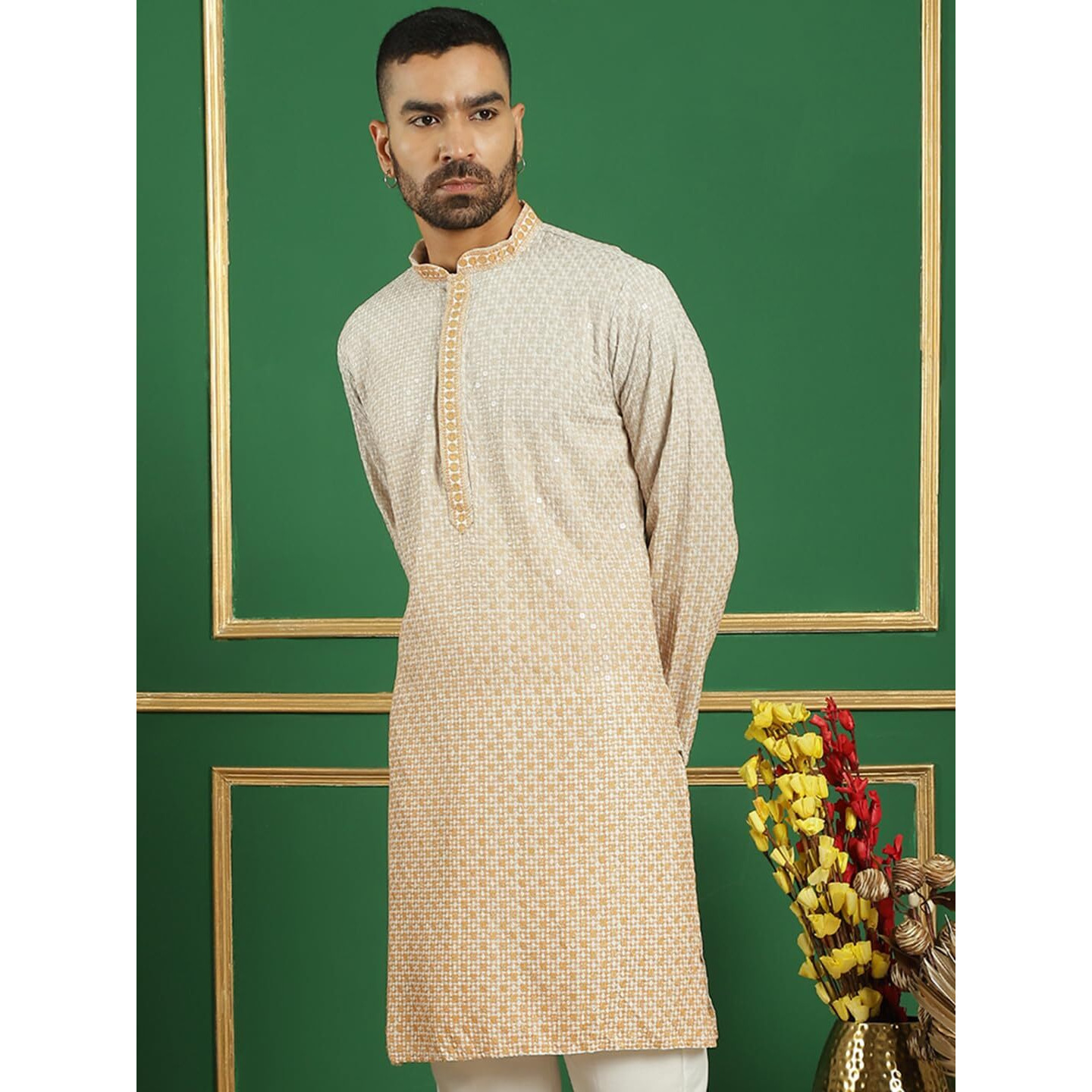 Jompers Mens Mustard Embroidered Kurtas. (Mustard, M)