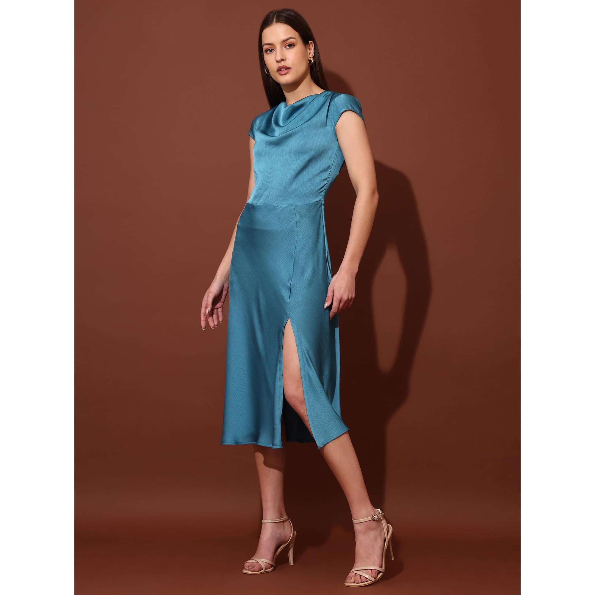 Purvaja Womens Cowl Neck Silk Blend Dress (Floe-121-M_Blue)