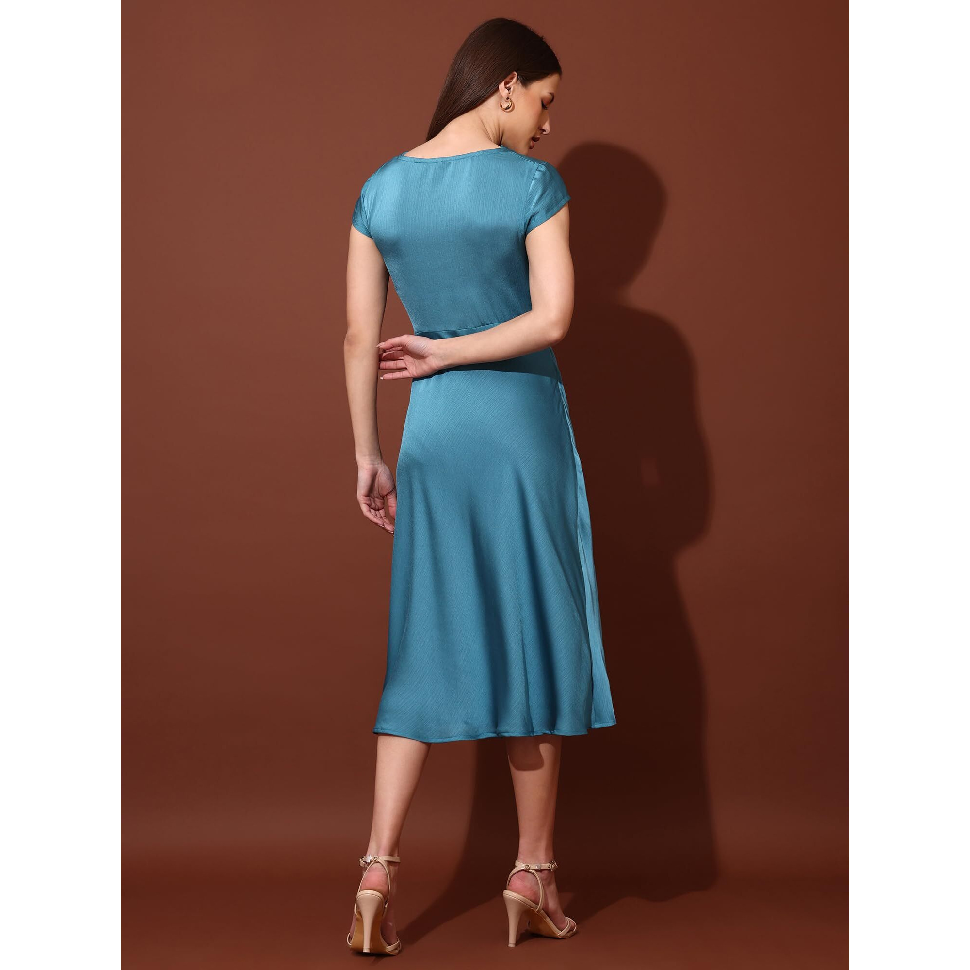 Purvaja Womens Cowl Neck Silk Blend Dress (Floe-121-M_Blue)