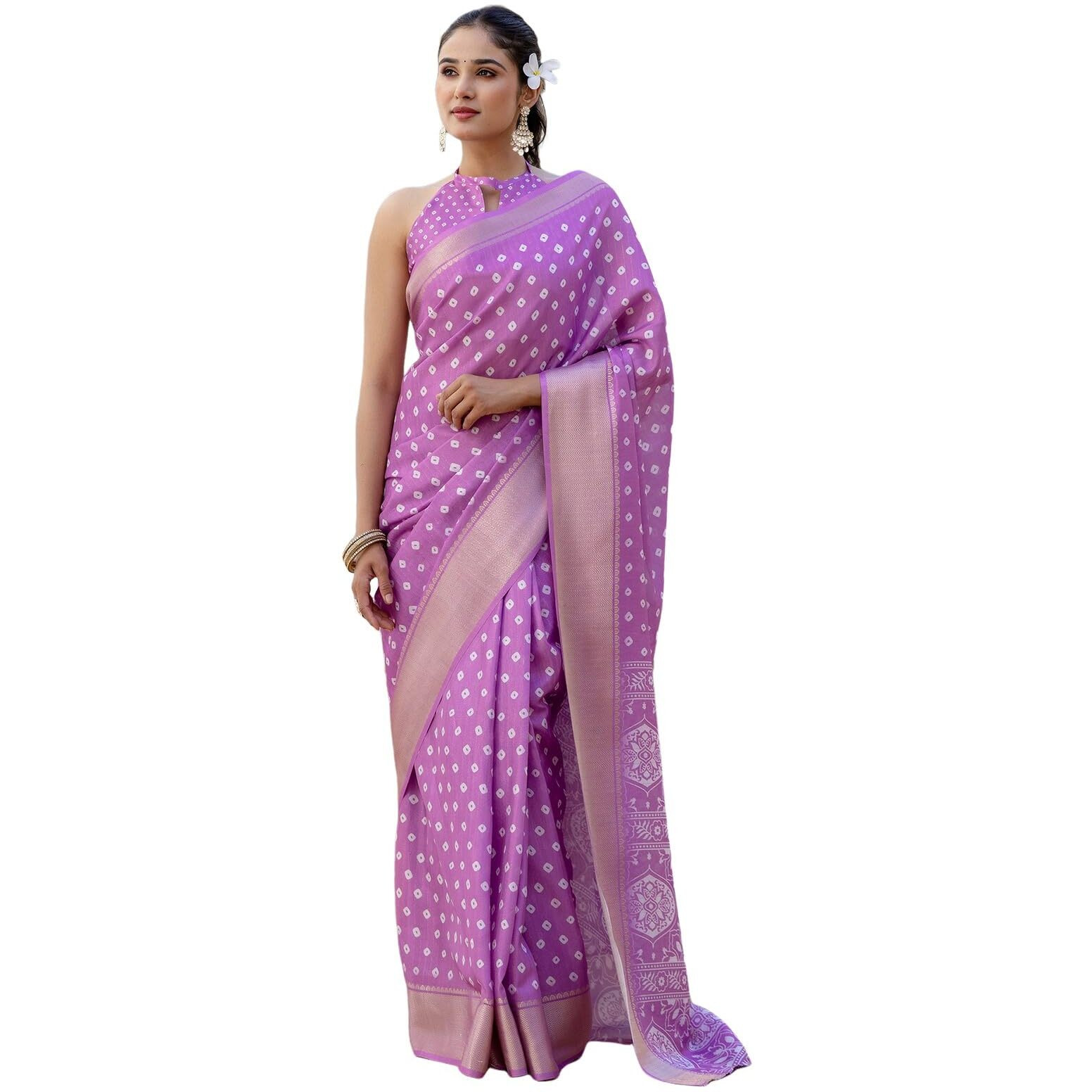 Satrani Women's Dola Silk Bandhani Printed & Woven Zari Stripe Ready To Wear Saree With Unstitched Blouse Piece (49Rs104_Light Purple)