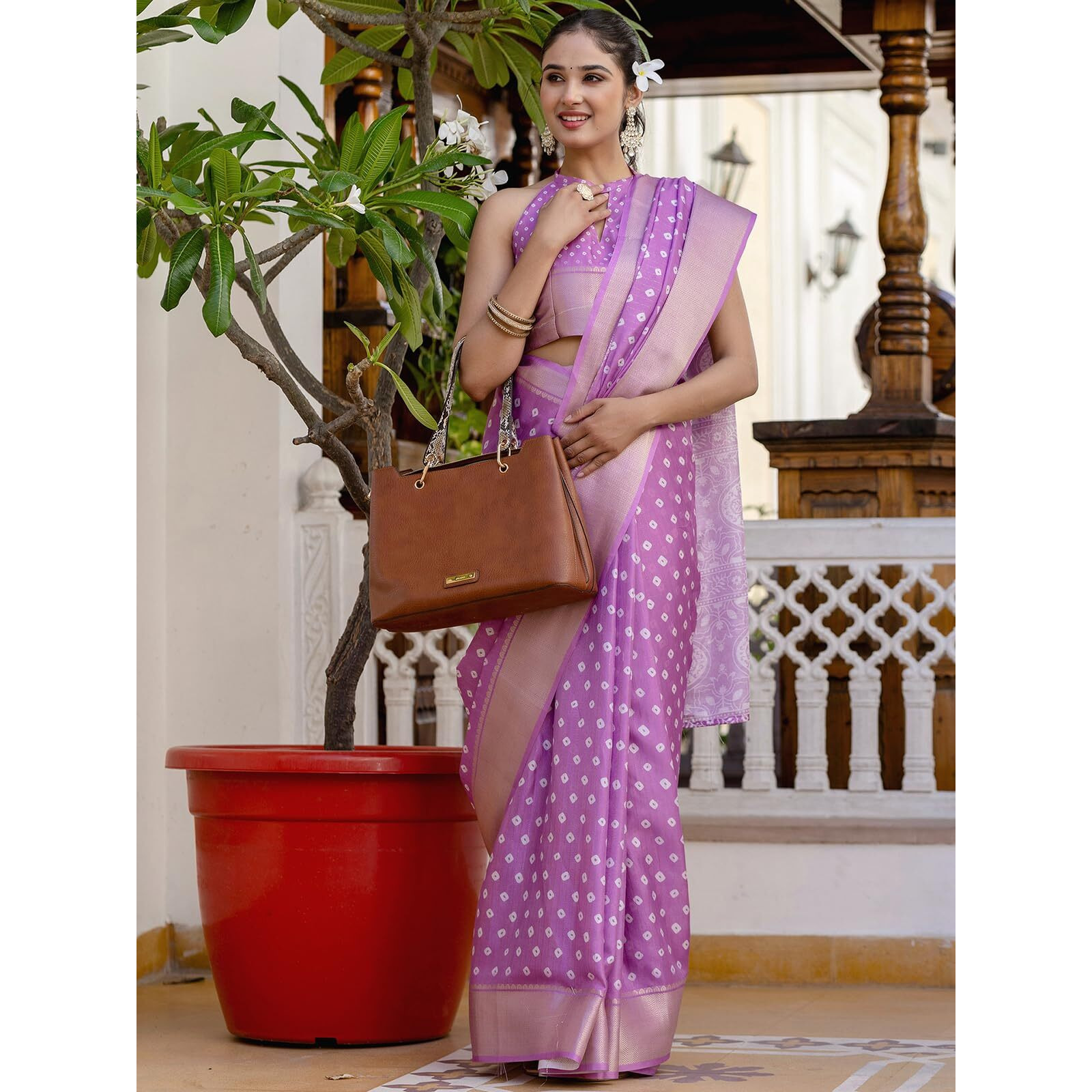 Satrani Women's Dola Silk Bandhani Printed & Woven Zari Stripe Ready To Wear Saree With Unstitched Blouse Piece (49Rs104_Light Purple)